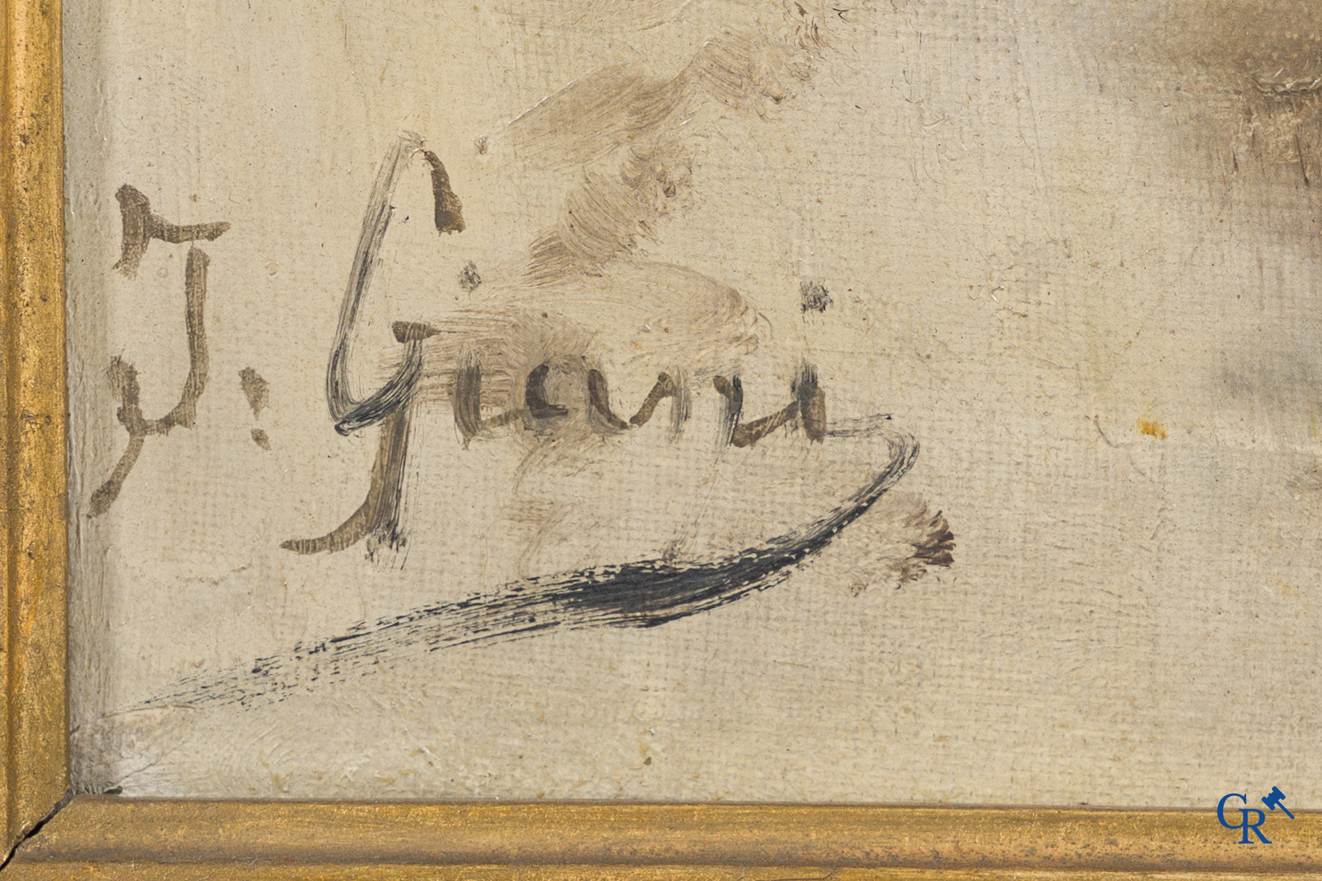 J. Giani, winter landscape with characters. Oil on canvas in a beautiful gilded frame. Signed lower left. Circa 1900.