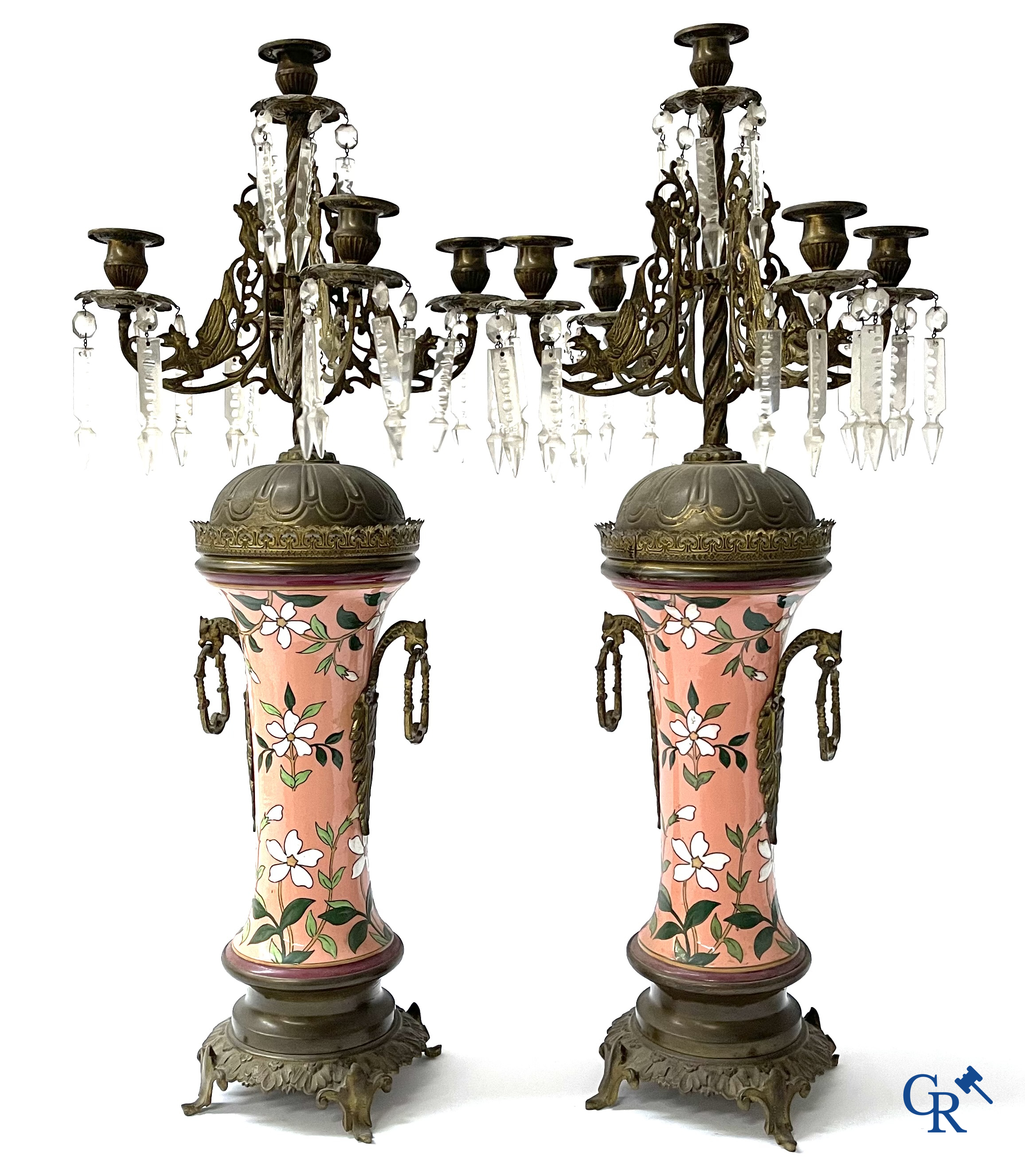 A large 3-piece fireplace set in enamelled faience and bronze. Art Nouveau. Circa 1900.