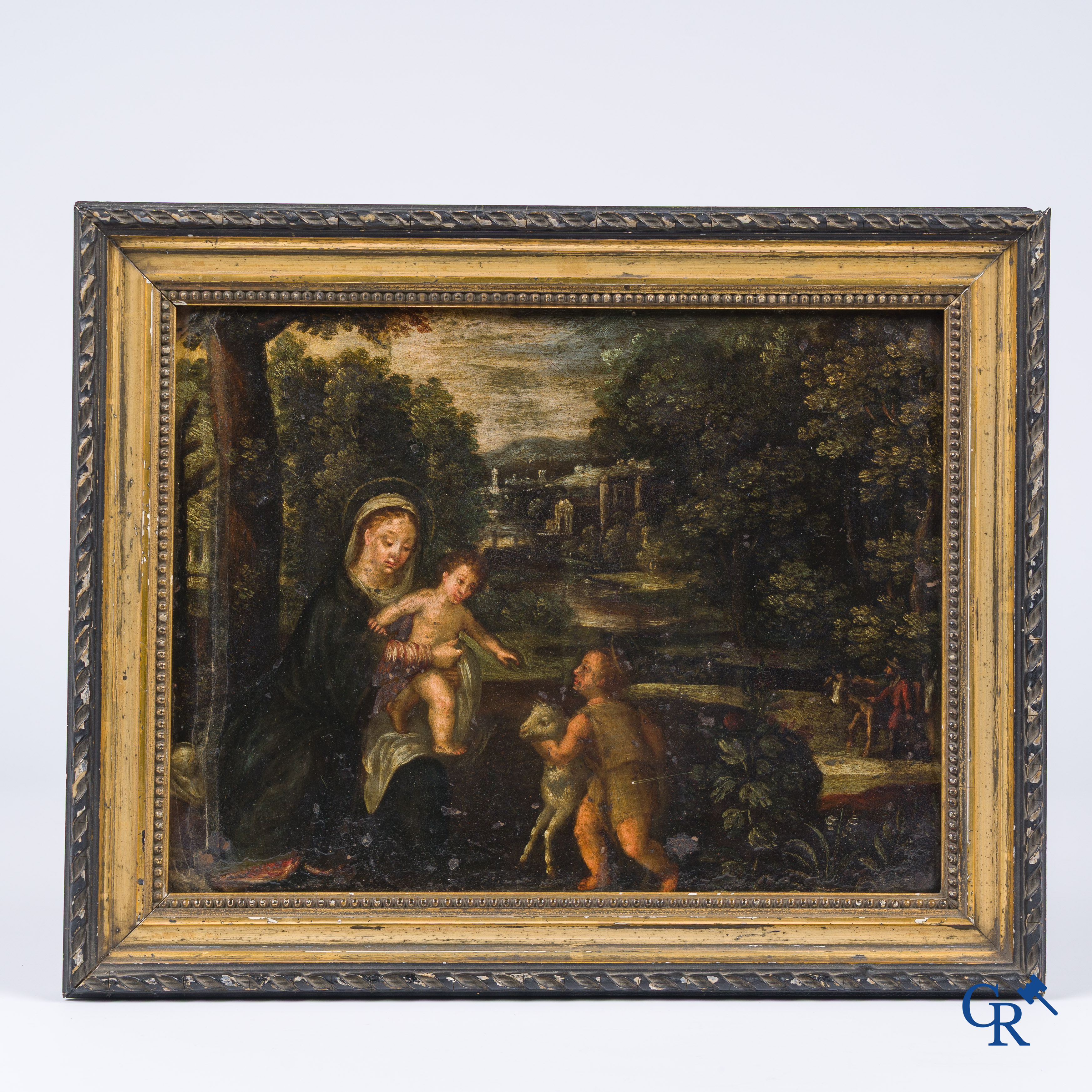 Antique religious painting. The Holy Mary, Jesus and Saint John the Baptist. Oil on copper. 18th-19th century.