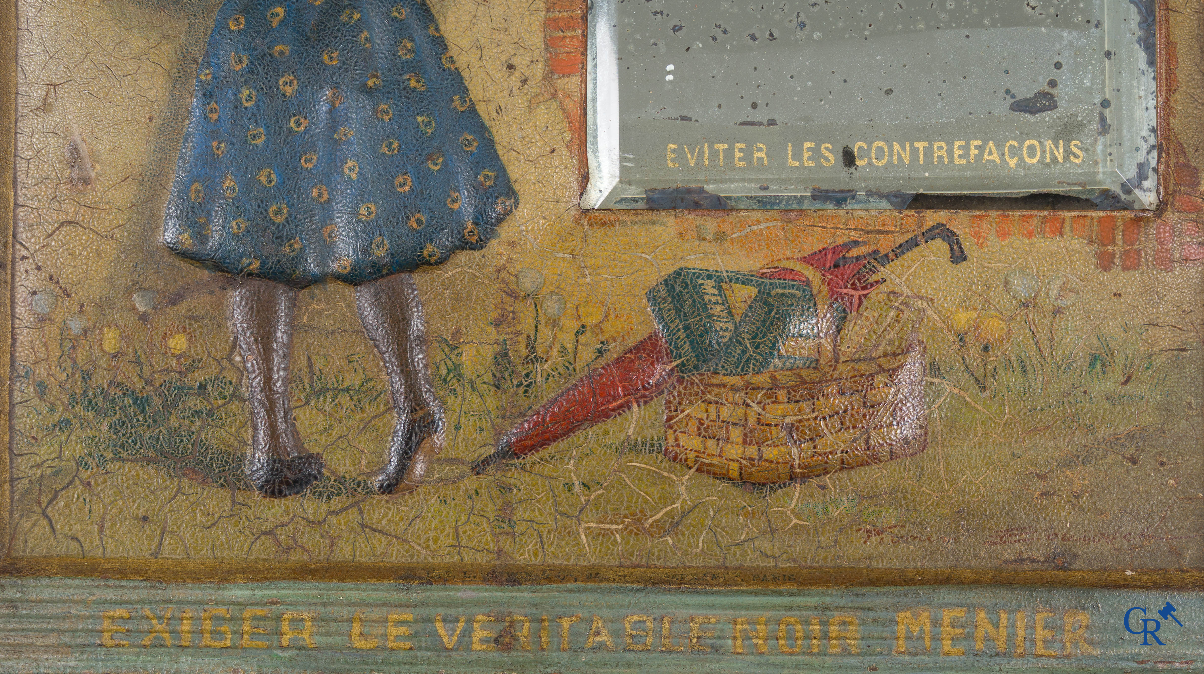 Chocolat Menier, d'après Firmin Bouisset, miroir publicitaire sur tôle peinte. Vers 1920.