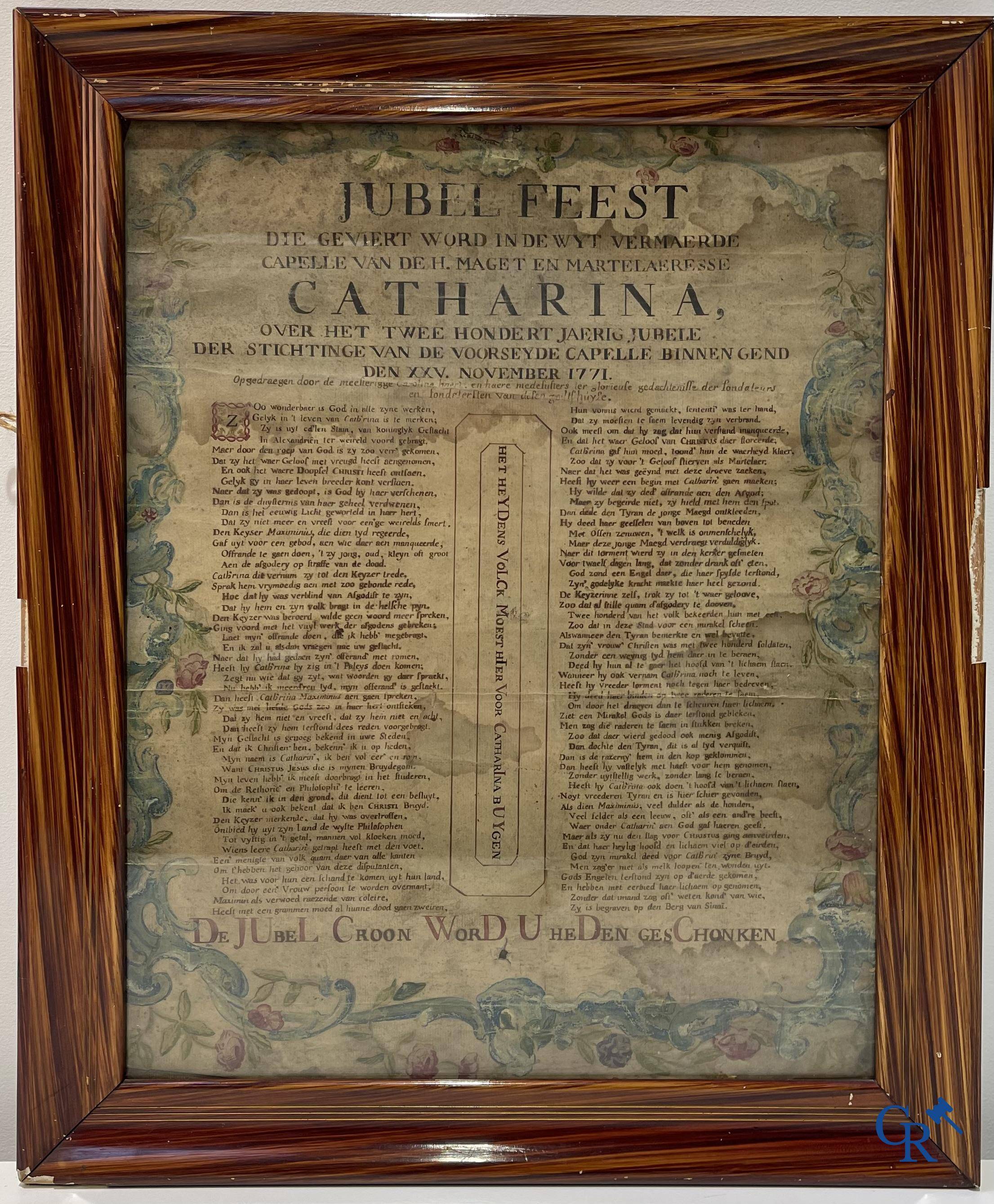 Une annonce manuscrite et colorée pour la fête du jubilé dans la chapelle Catharina le XXV novembre 1771.