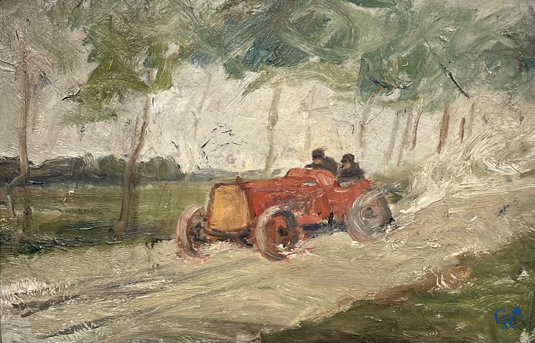 "Course Automobile" Oil on hard cardboard. Circa 1930. With a stamp of Maison Parys, 2 Rue du Brou à Verviers.