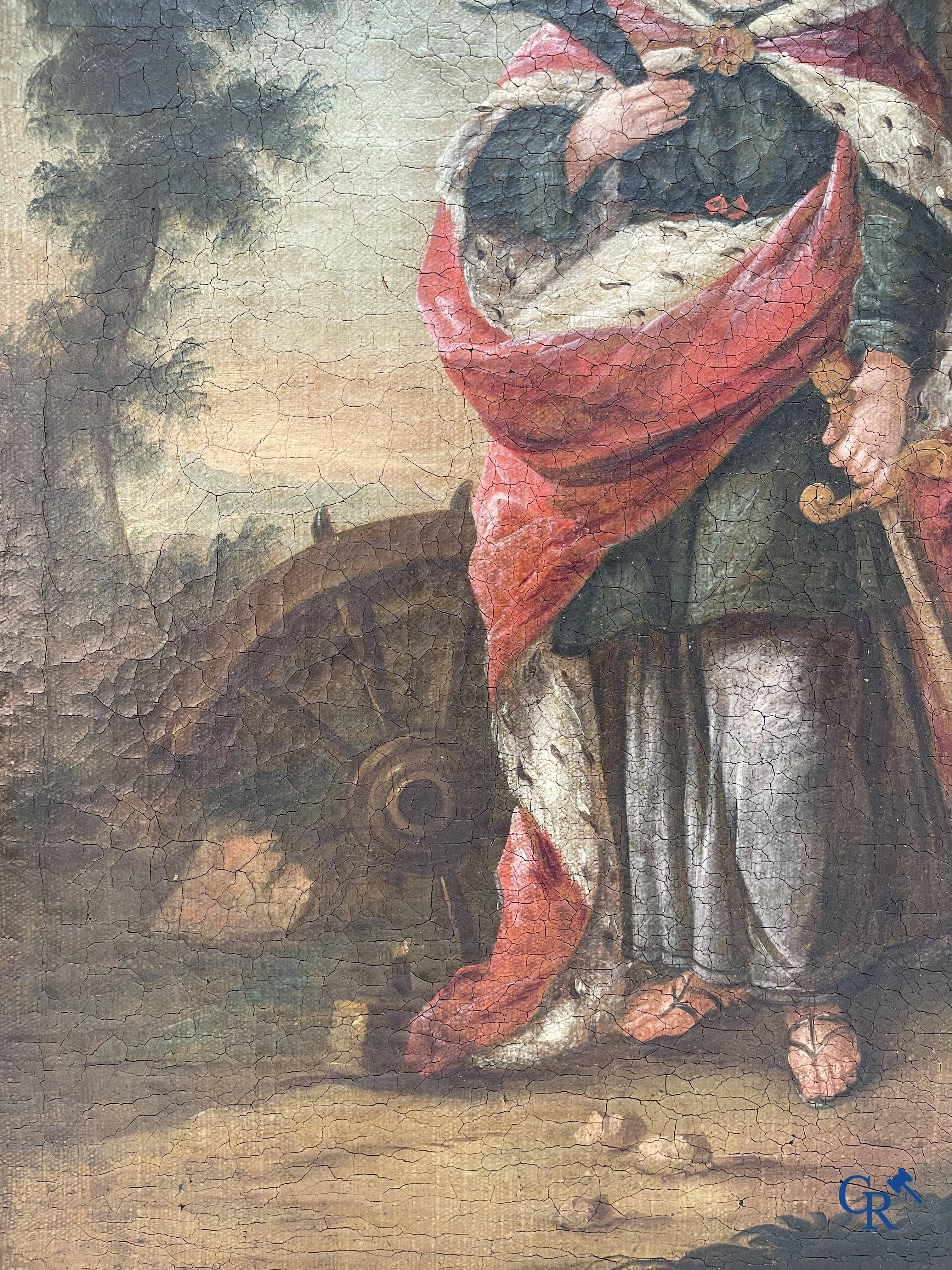 Religious painting, beautiful representation of Catherine of Alexandria at a tower. Early 18th century.