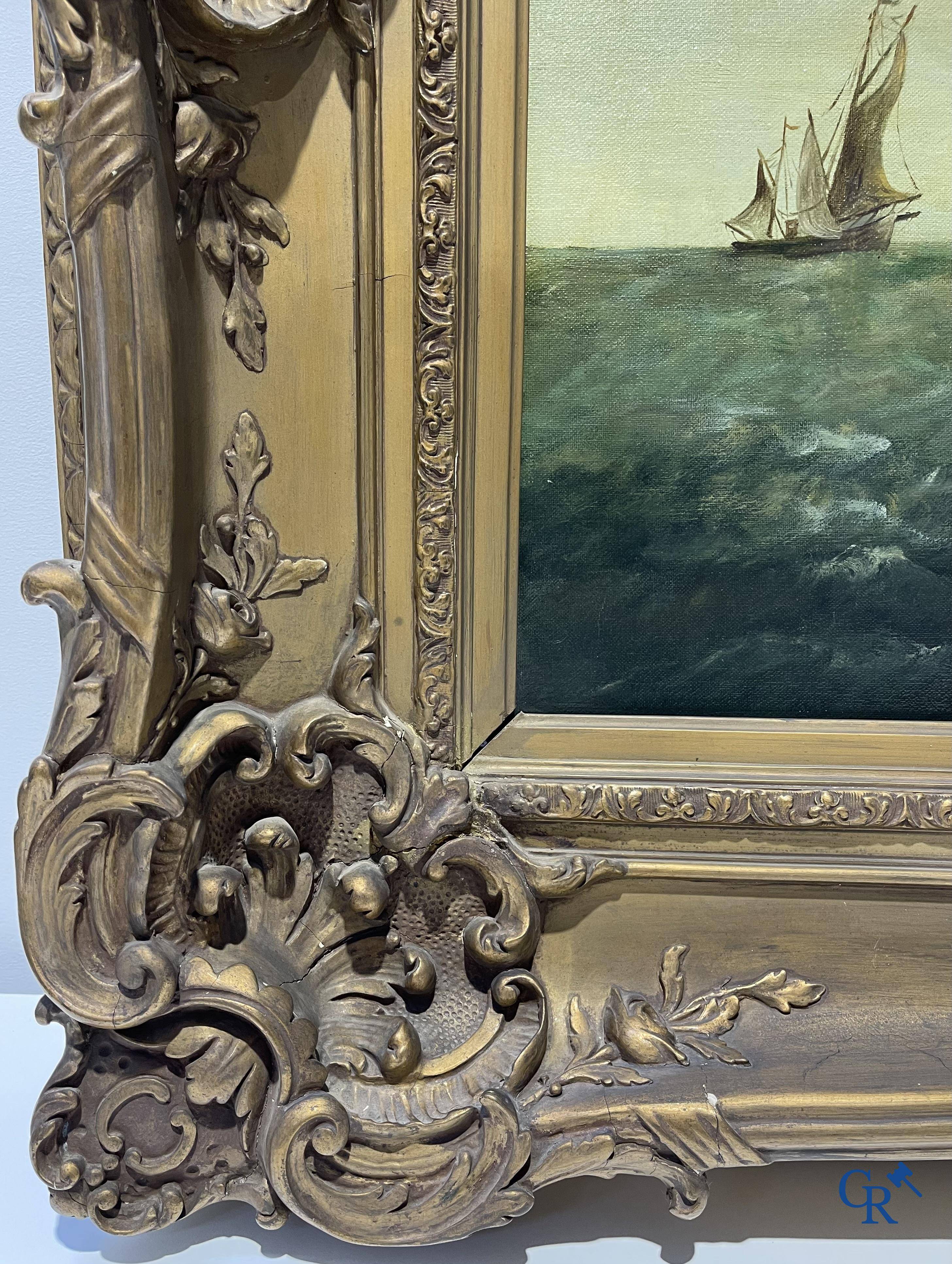 Gustave Helinck (1884-1954) Large naval painting in a richly decorated frame.
