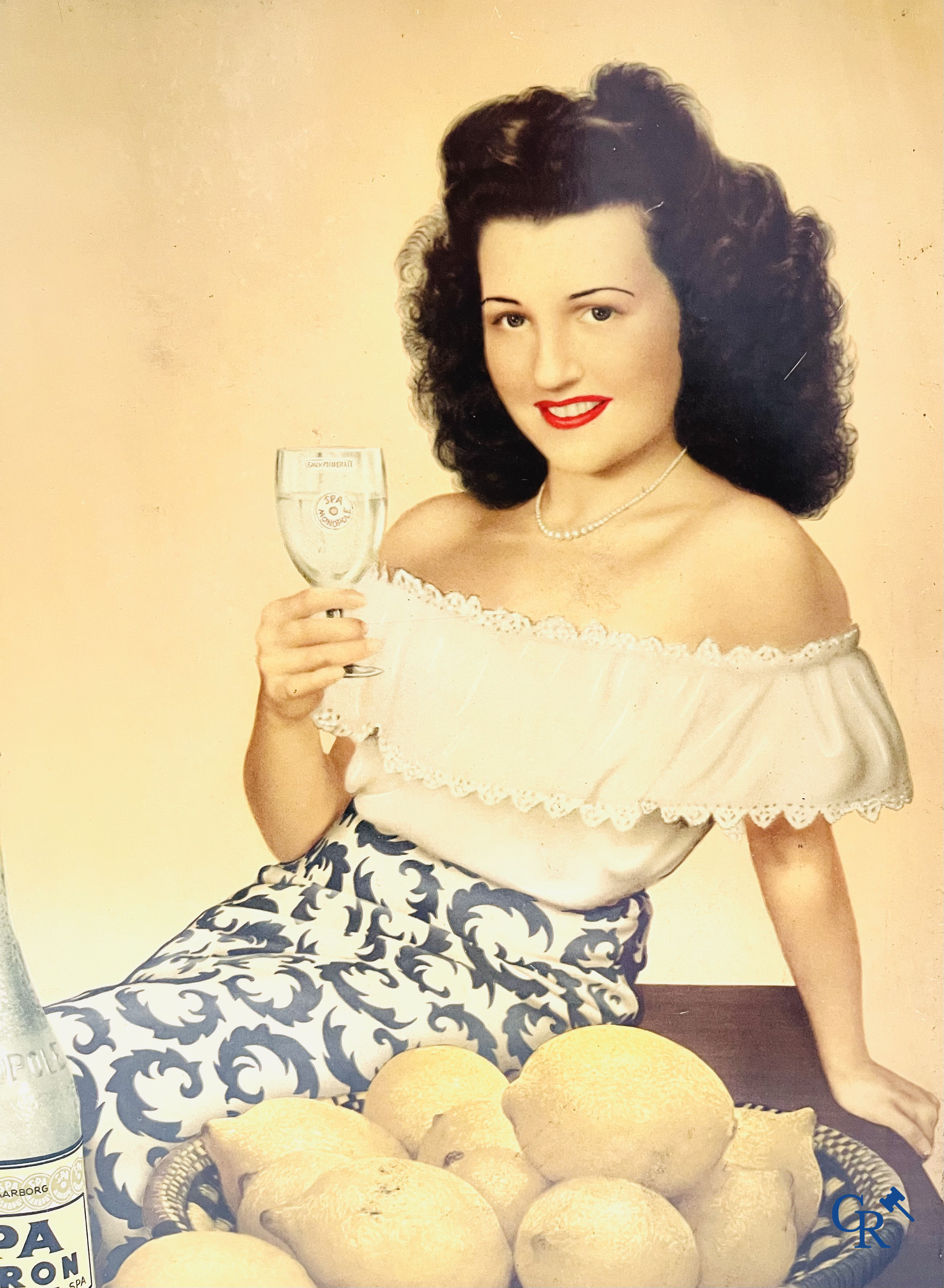 Spa, a publicity printed on metal for Spa Citron and a lithograph on cardboard for Spa Orangina. 1950's.