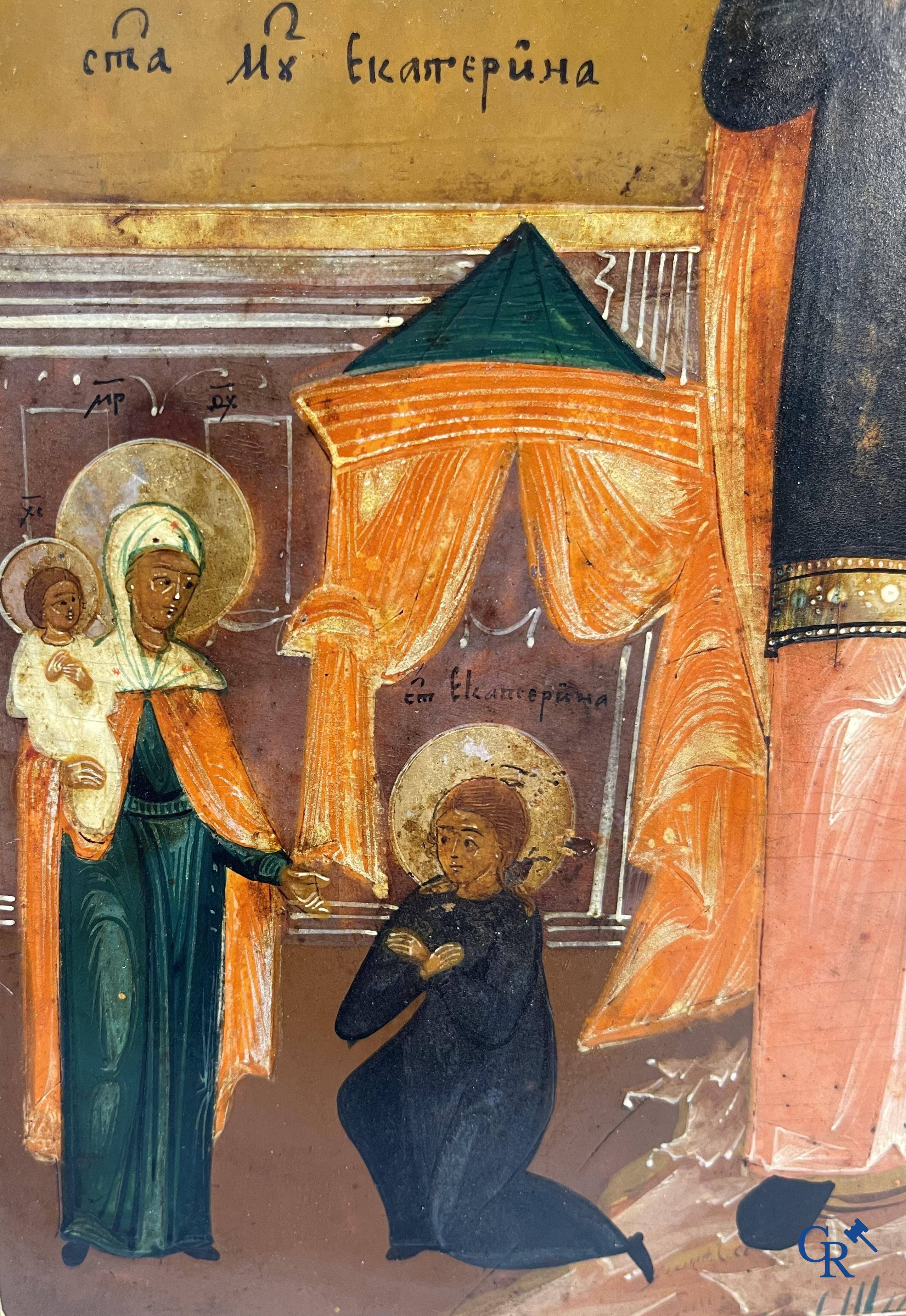 Icône avec des scènes de la vie de Sainte Catherine d'Alexandrie. 19ème siècle.