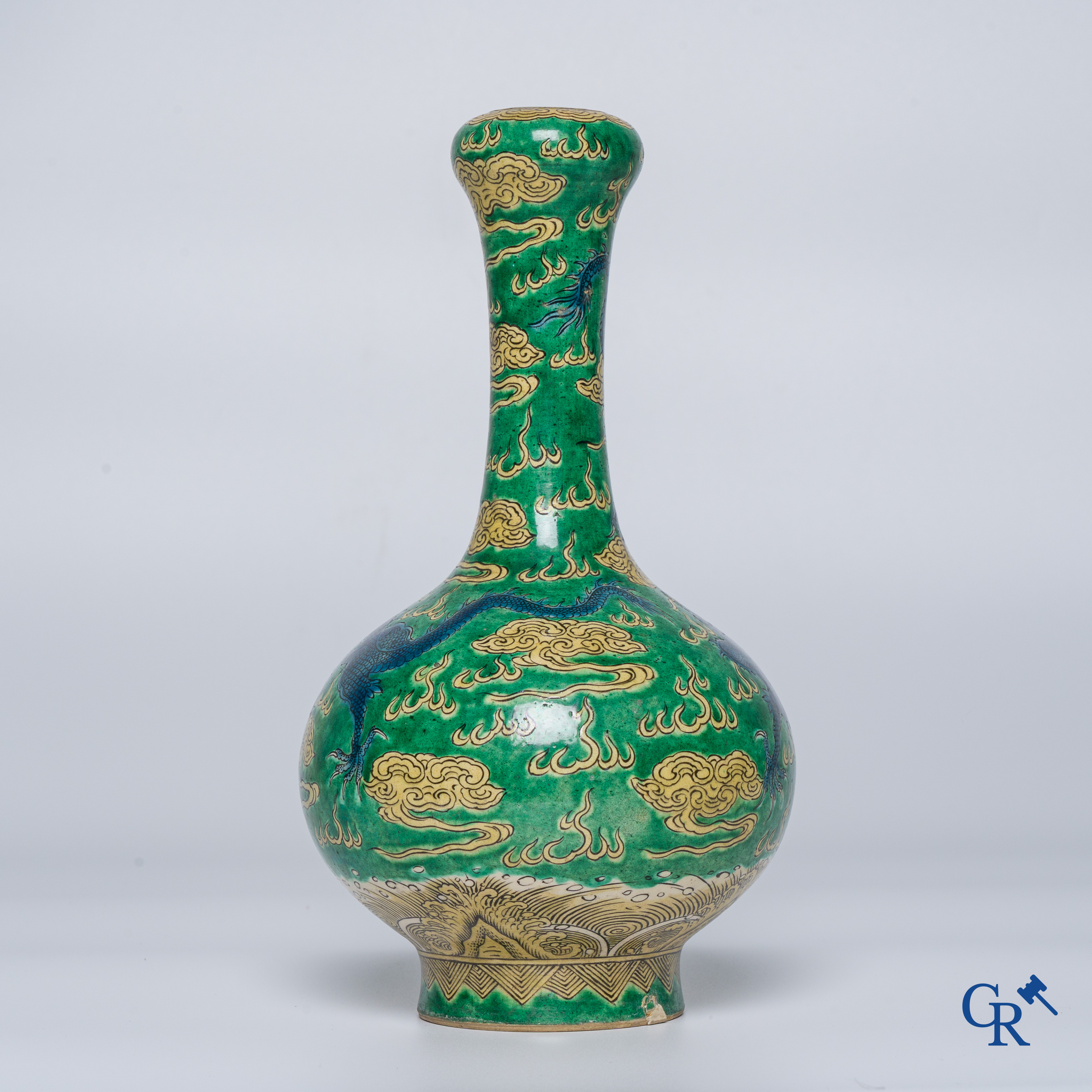 Asian Art, A fine Chinese green and yellow biscuit vase with dragon decor. Marked.