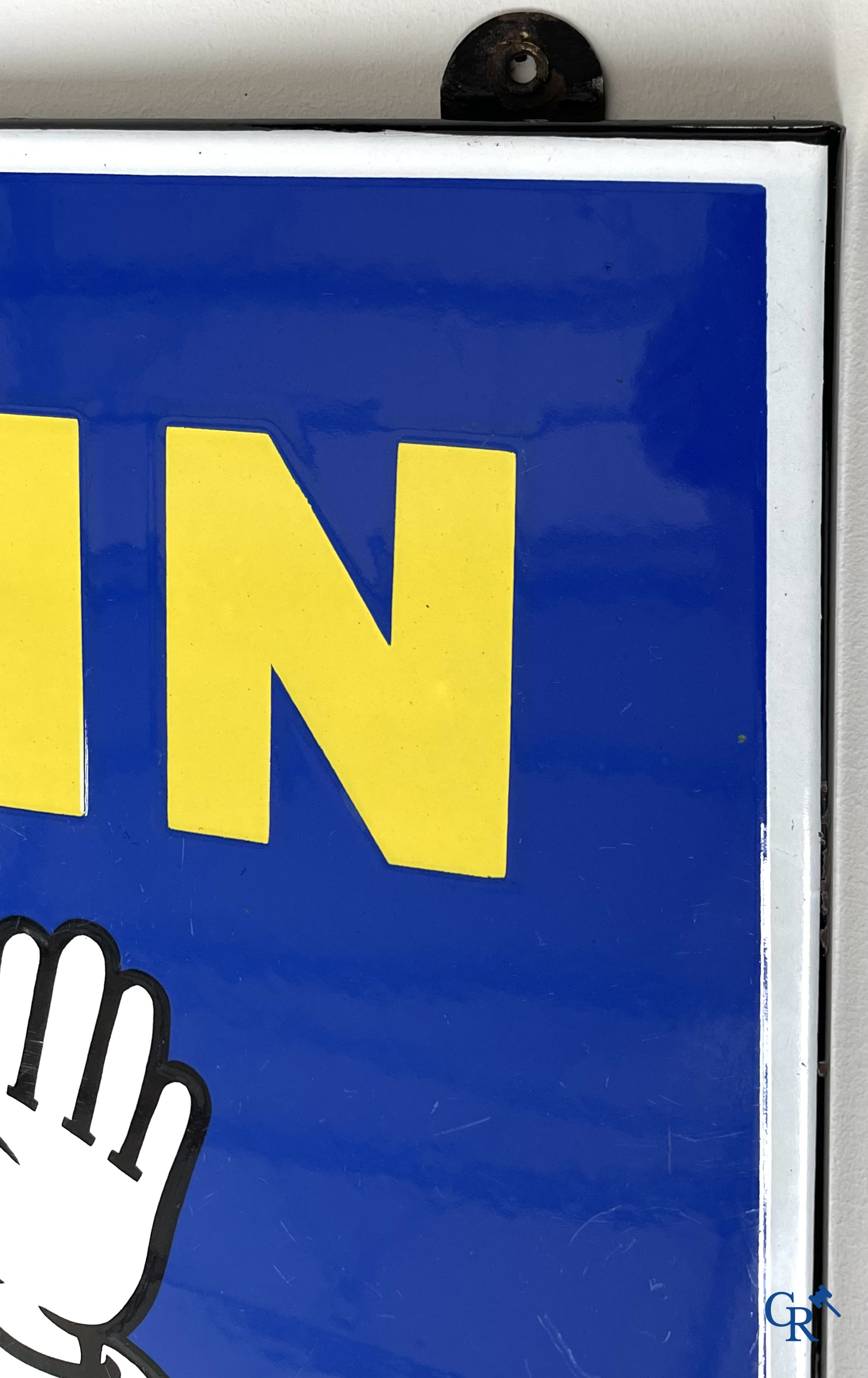 Michelin, Large enamel advertising sign of the running Bibendum with tire. Emaillerie Alsacienne Strasbourg.