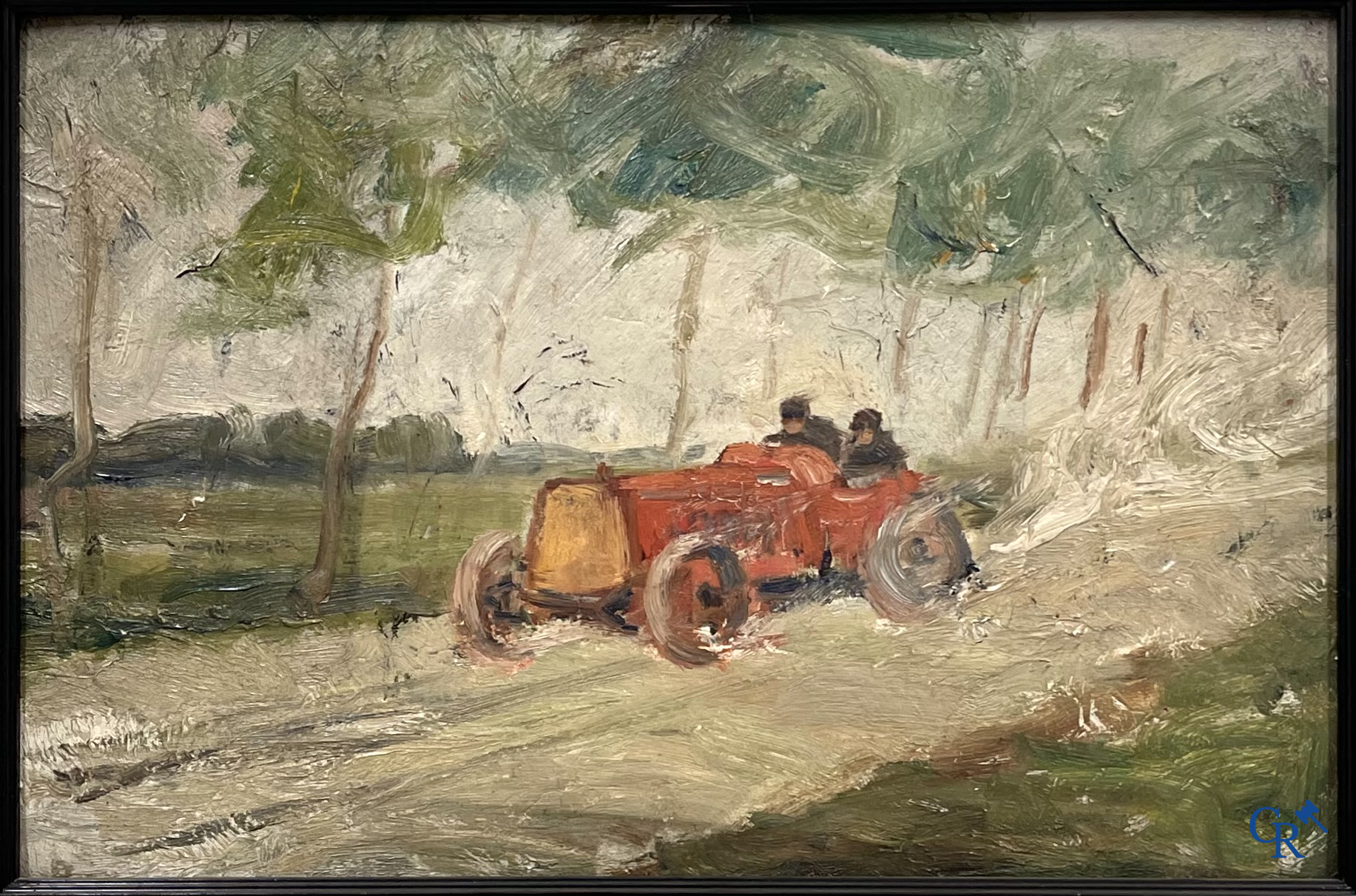 "Course Automobile" Oil on hard cardboard. Circa 1930. With a stamp of Maison Parys, 2 Rue du Brou à Verviers.