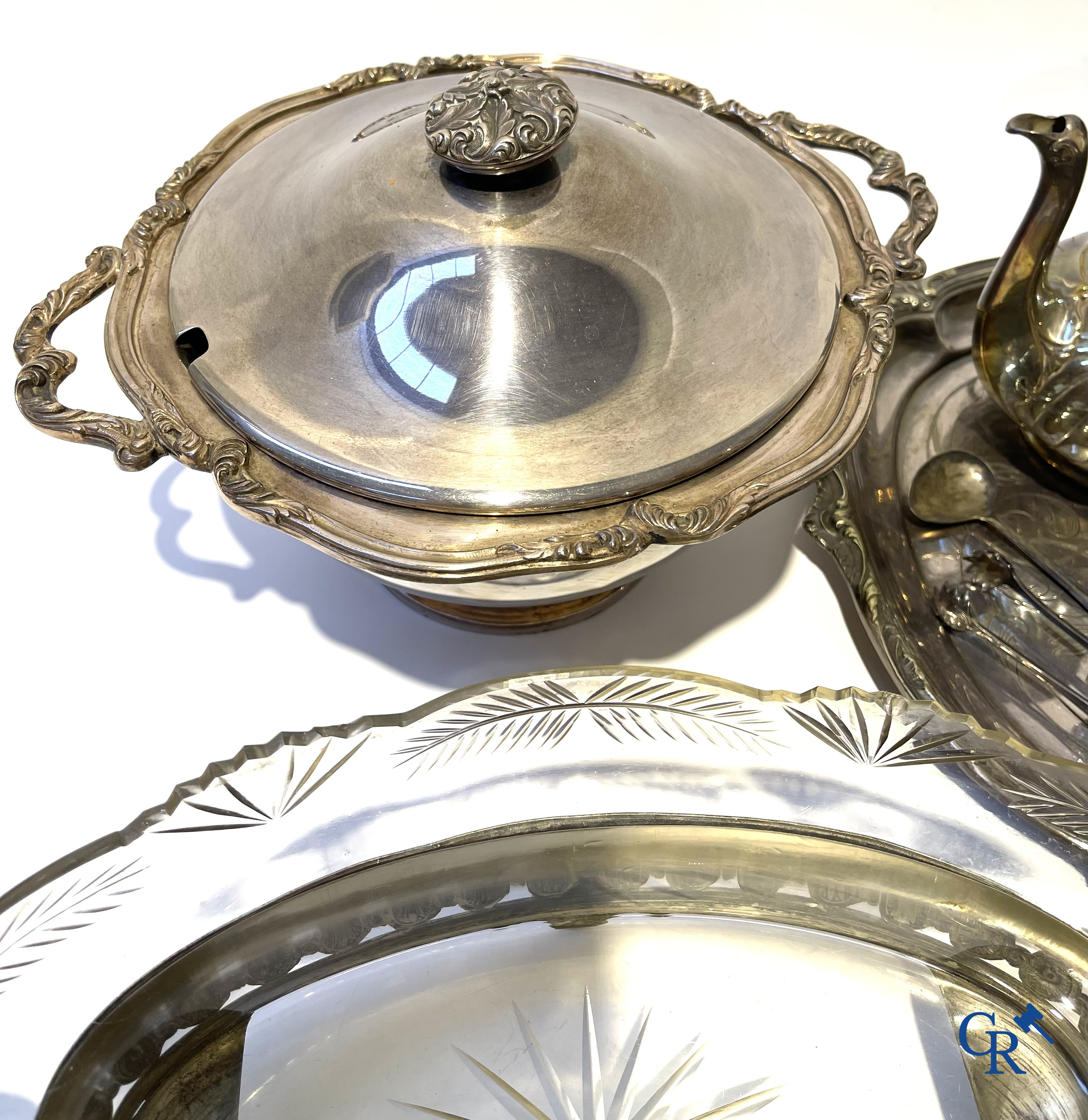 A lot with silver and silver-plated objects, Christofle, Wiskemann, a jardiniere with crystal coupe, etc.