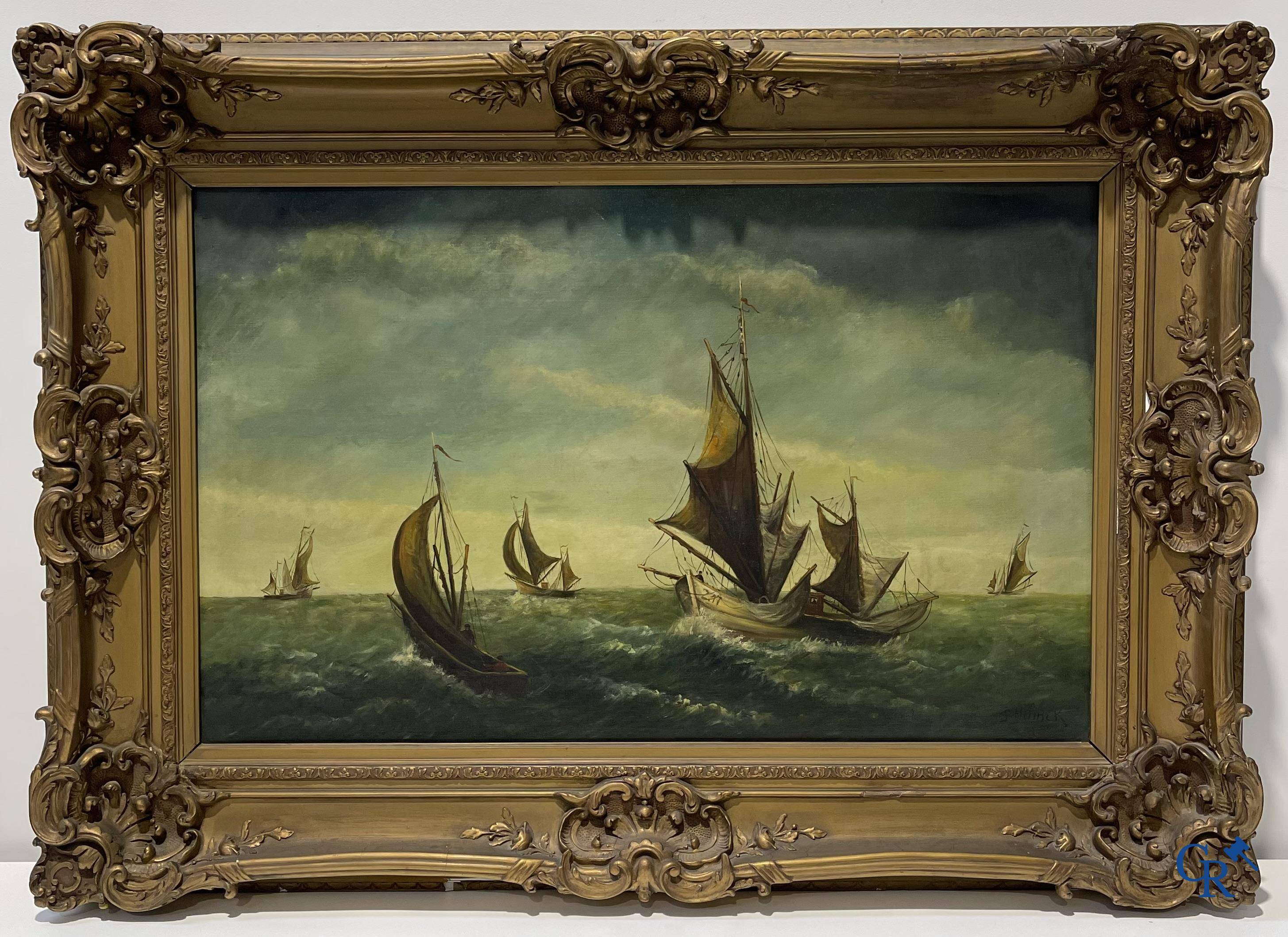 Gustave Helinck (1884-1954) Large naval painting in a richly decorated frame.