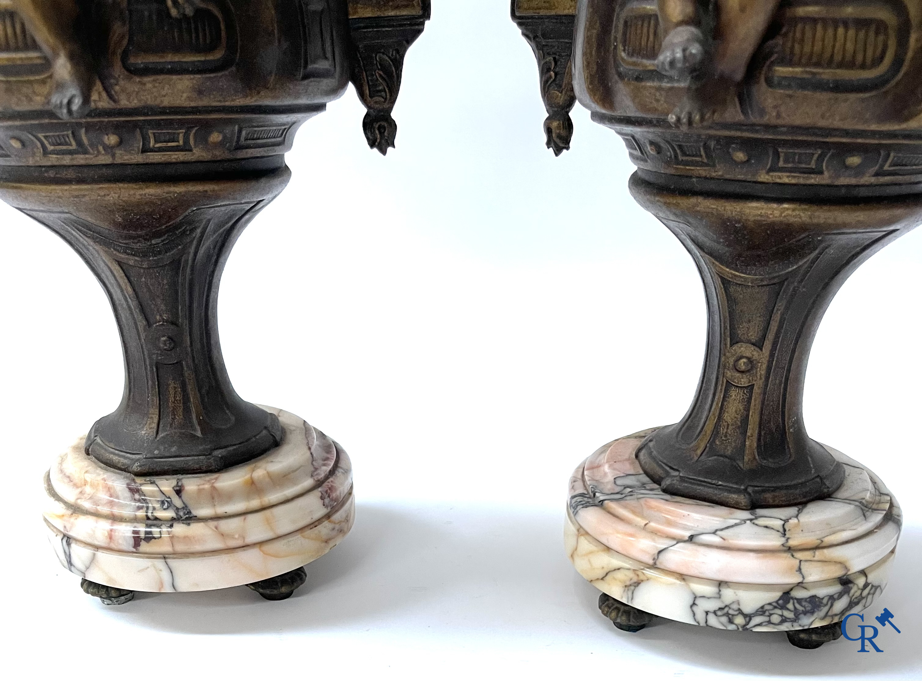 Louis & François Moreau (after). A large 3-piece fireplace set in spelter and marble. Circa 1910.