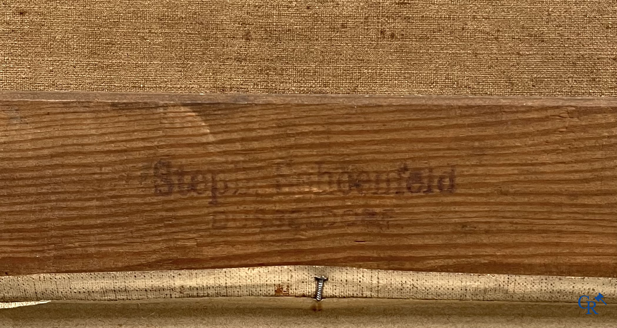 "The Duel" Oil on canvas. 2 sports cars racing side by side. Marked on the back Steph. Shoenfeld Düsseldorf. Circa 1925.