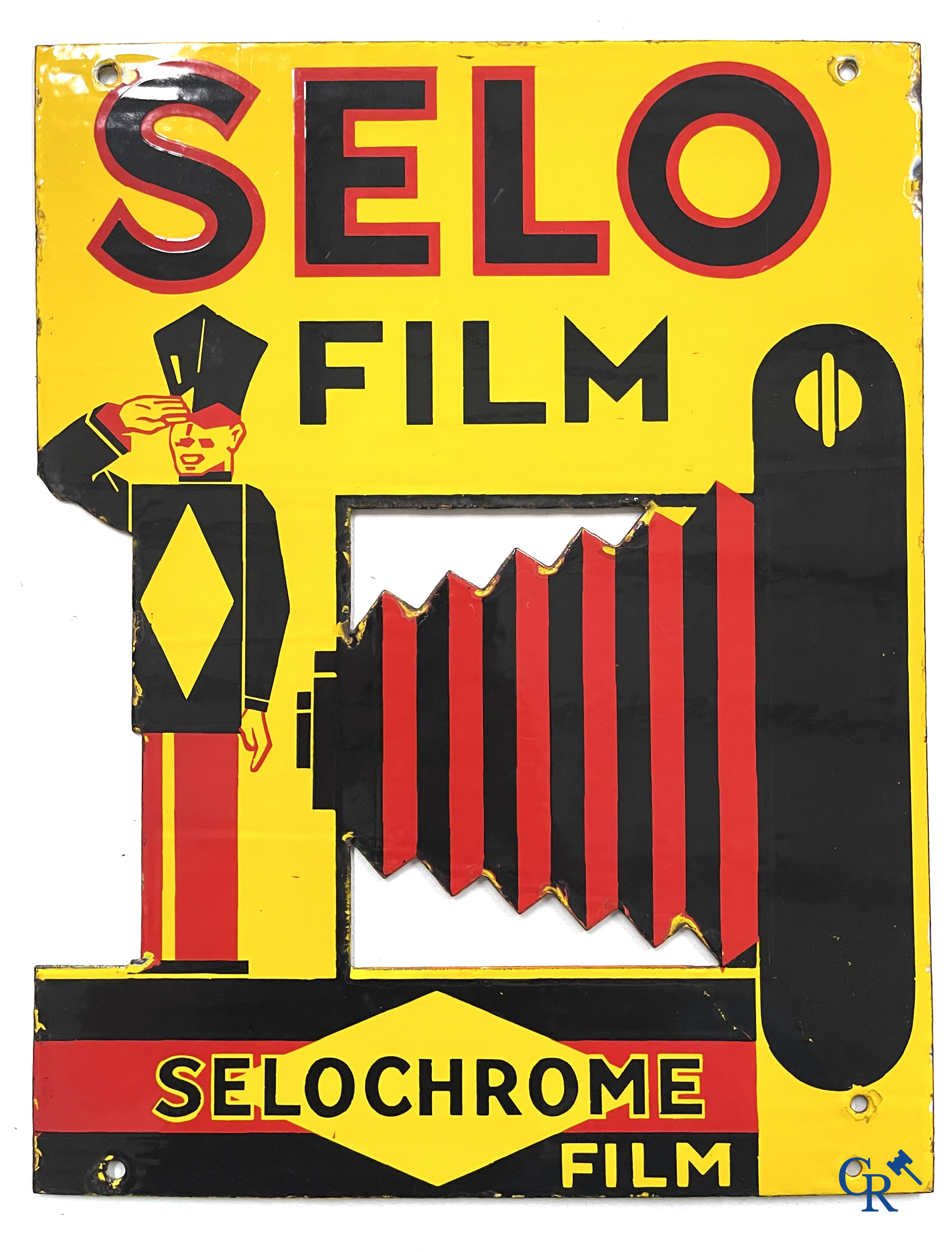 Selo Film, dubbelzijdig geëmailleerd publiciteitsbord voor filmrollen Selochrome. Fabrique en Angleterre. Jaren '30.