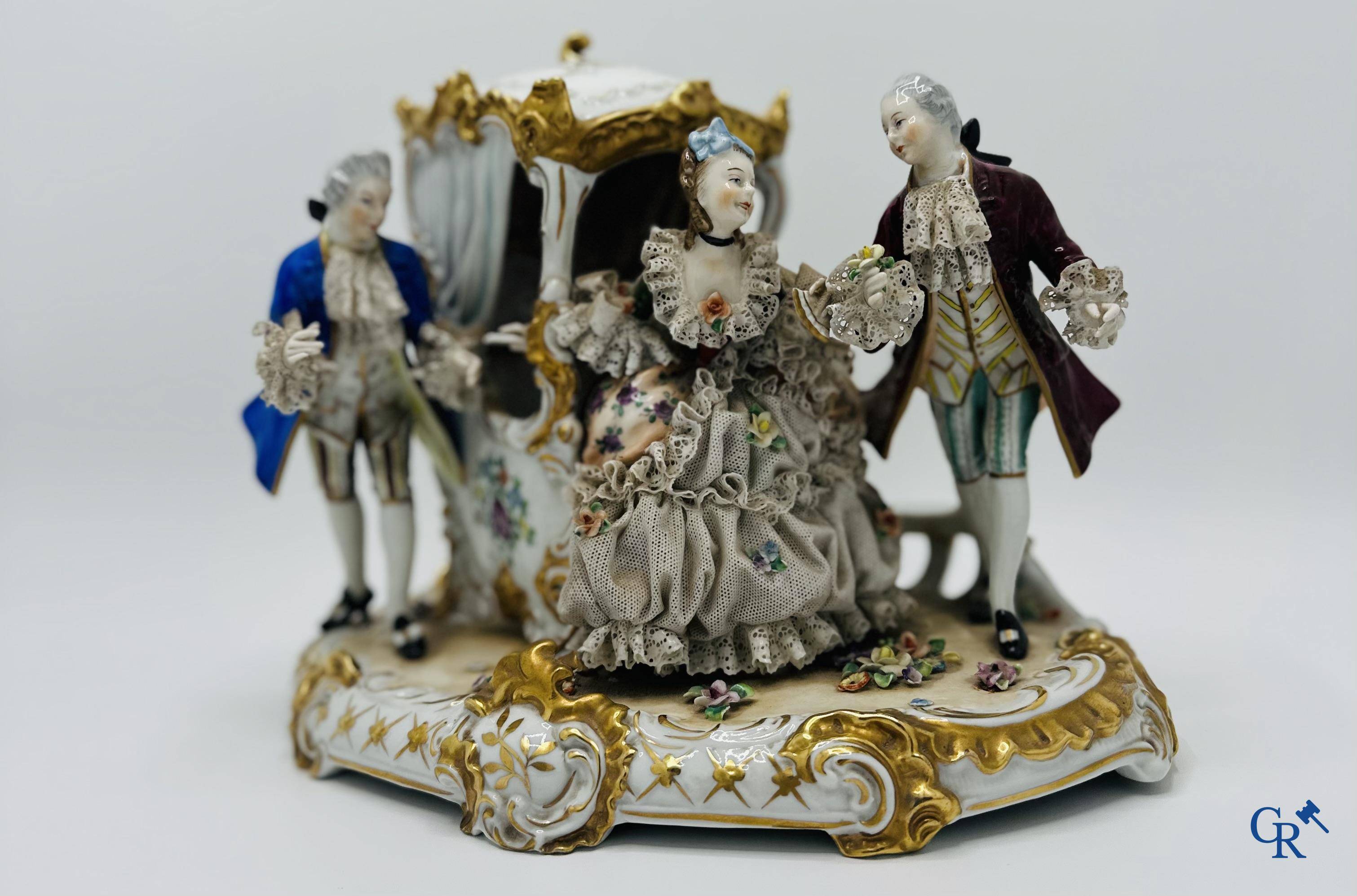Volkstedt Rudolstadt: 2 Groups in German porcelain in dentelle. (lace porcelain) Marked.