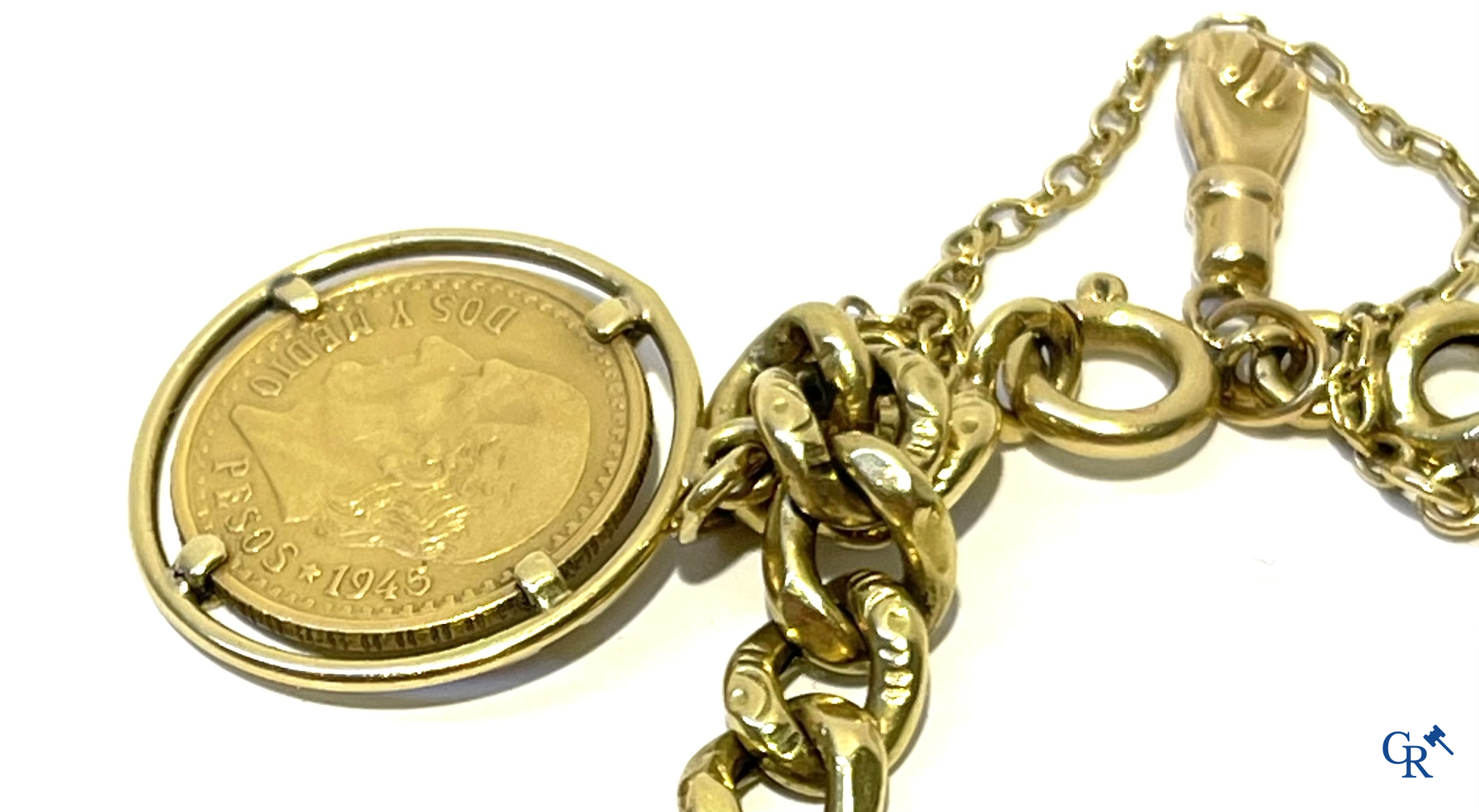 Juwelen, een bladvormige broche in goud 750°/00 en een bedelarmband in verschillende gehaltes goud.