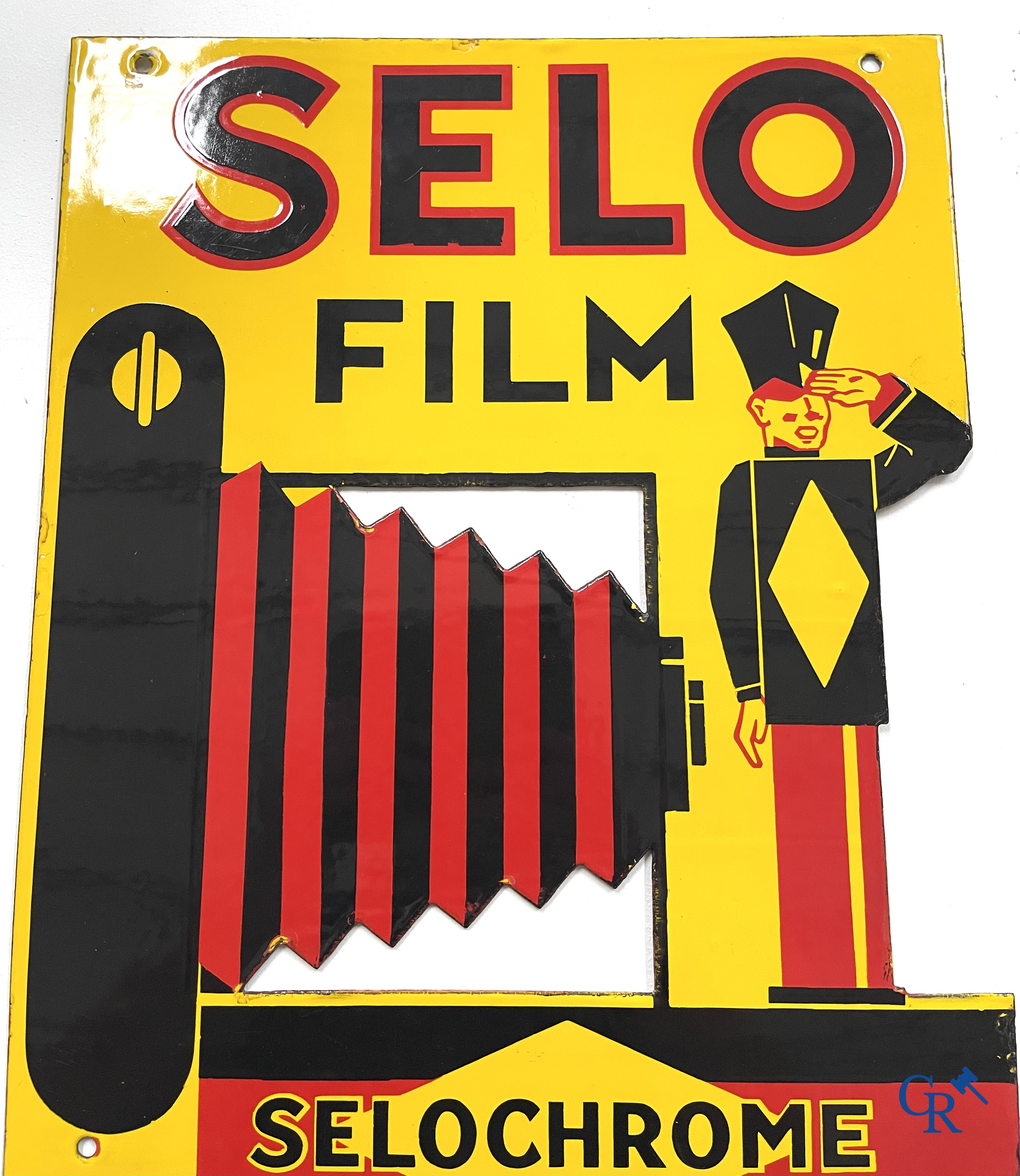 Selo Film, dubbelzijdig geëmailleerd publiciteitsbord voor filmrollen Selochrome. Fabrique en Angleterre. Jaren '30.