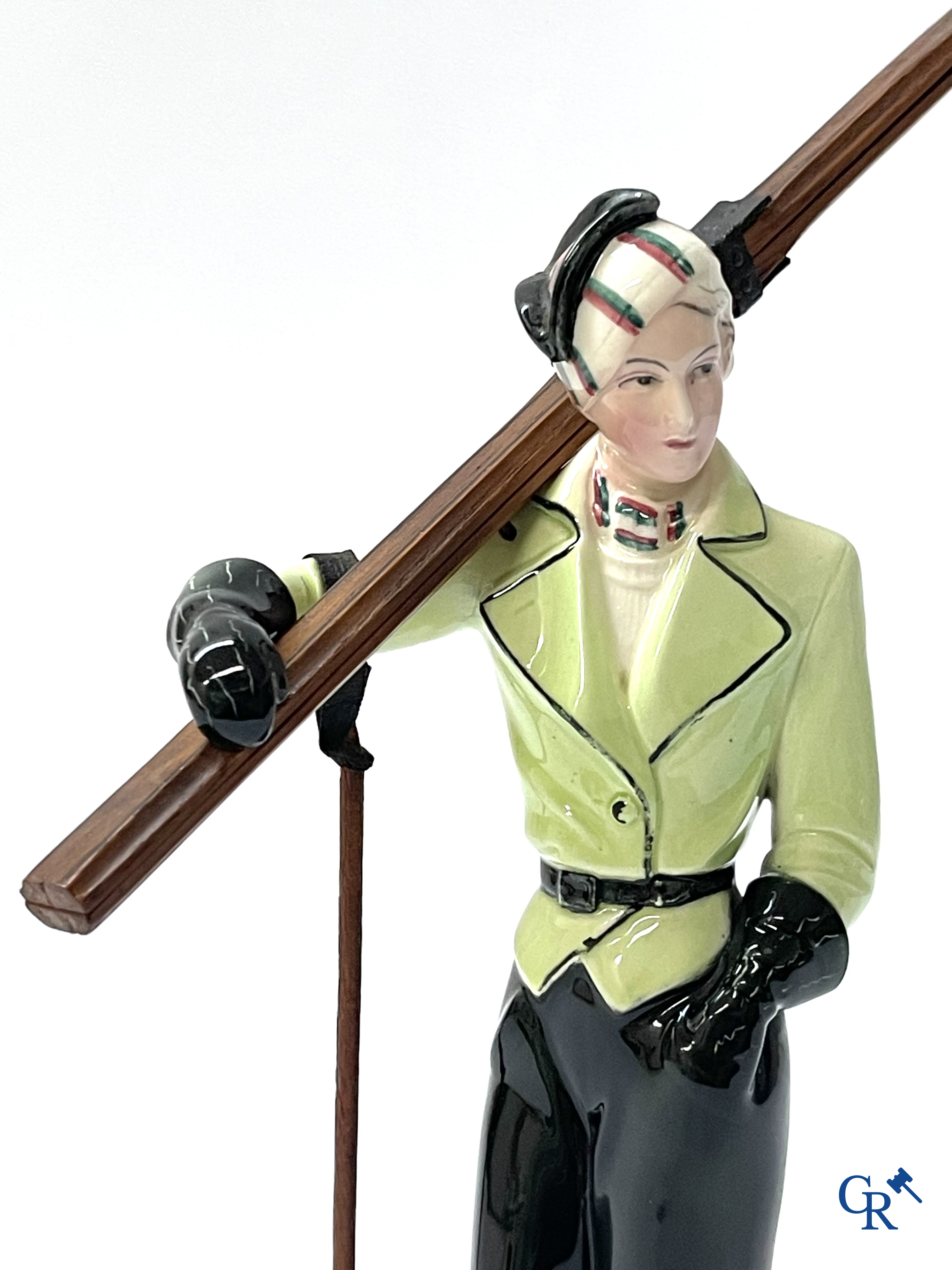 Hertwig en Company, Katzhütte, Thuringia. A skier in fine polychrome and glazed pottery. Circa 1930.