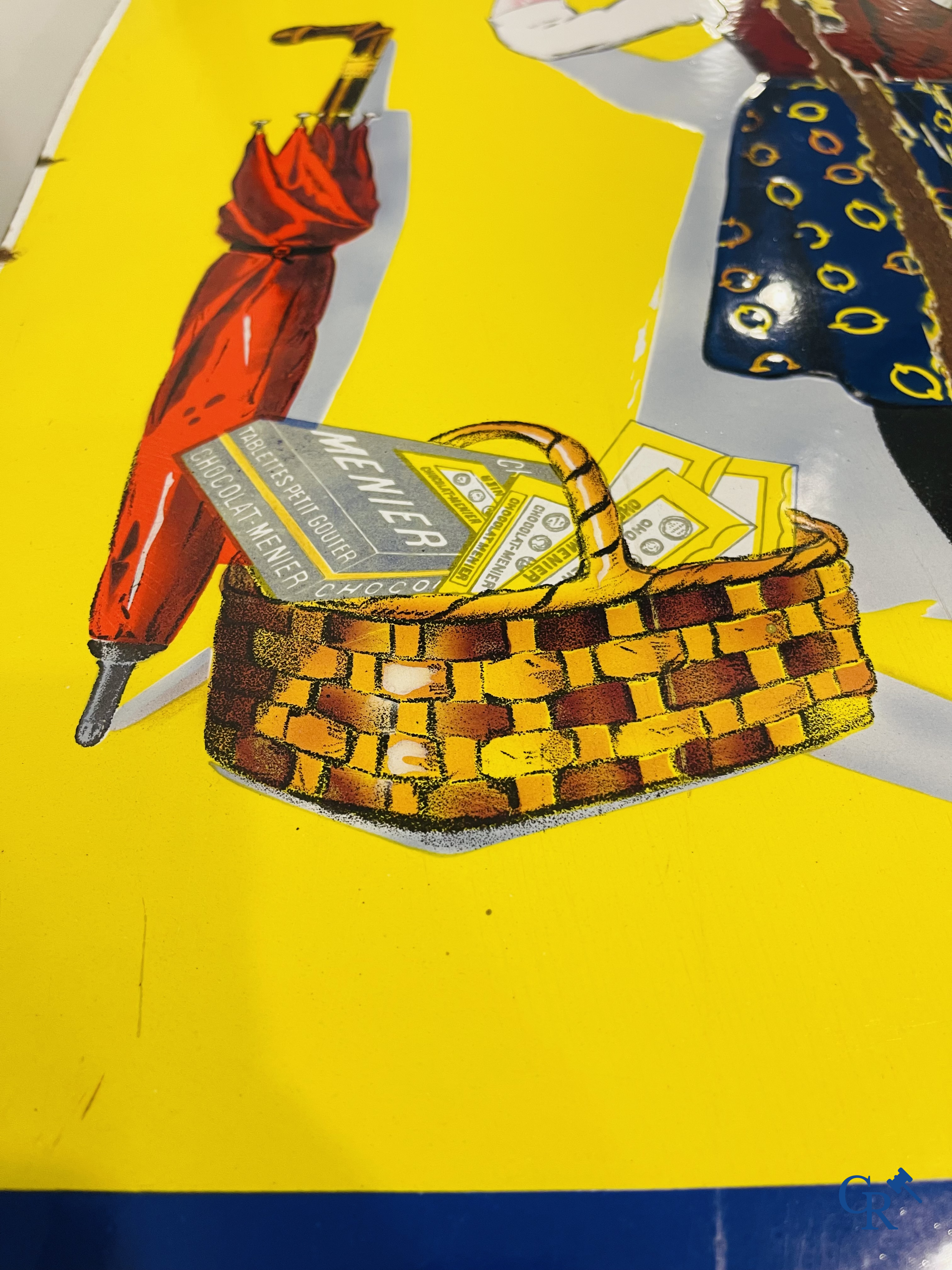 Chocolat Menier, "éviter les contrefaçons", emaille reclamebord naar een ontwerp van Firmin Bouisset.