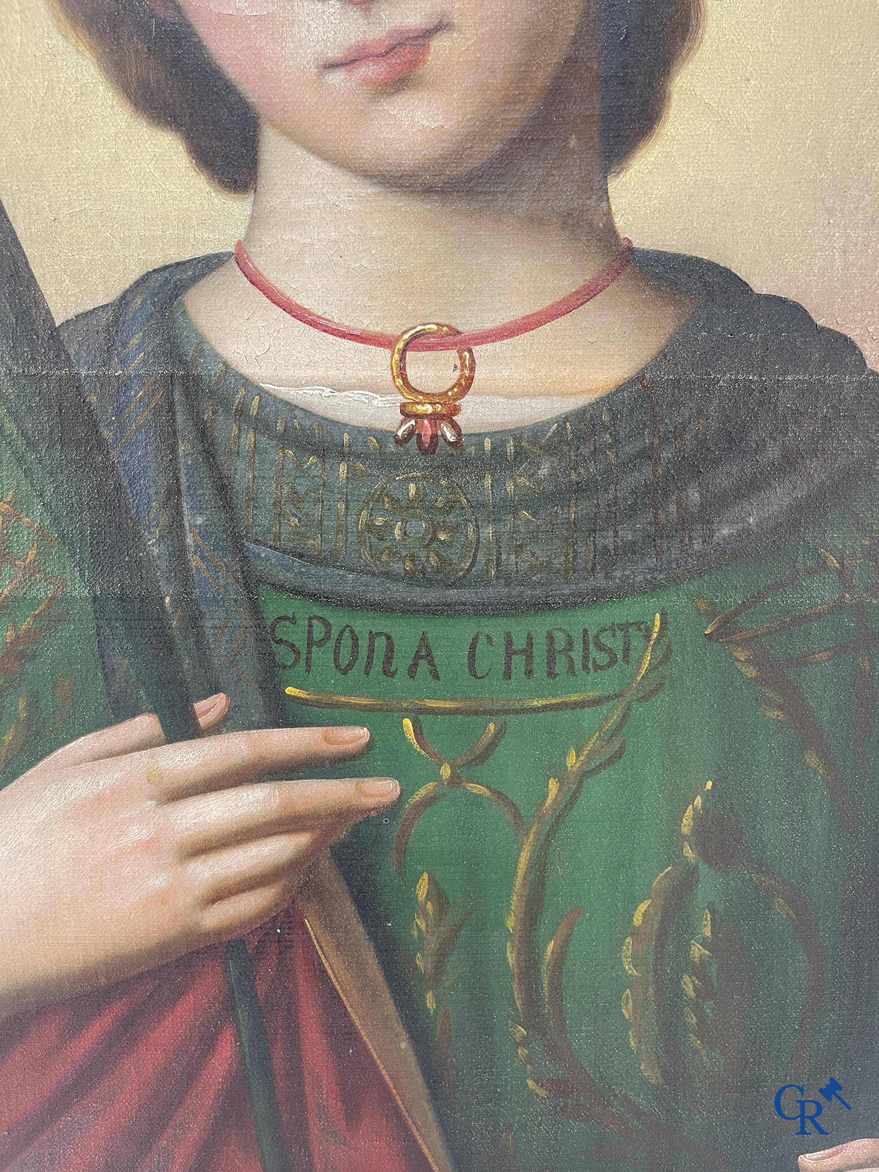 Beautiful painting of Catherine of Alexandria with sword and palm branch in neo Gothic style. Oil on canvas. 19th century.