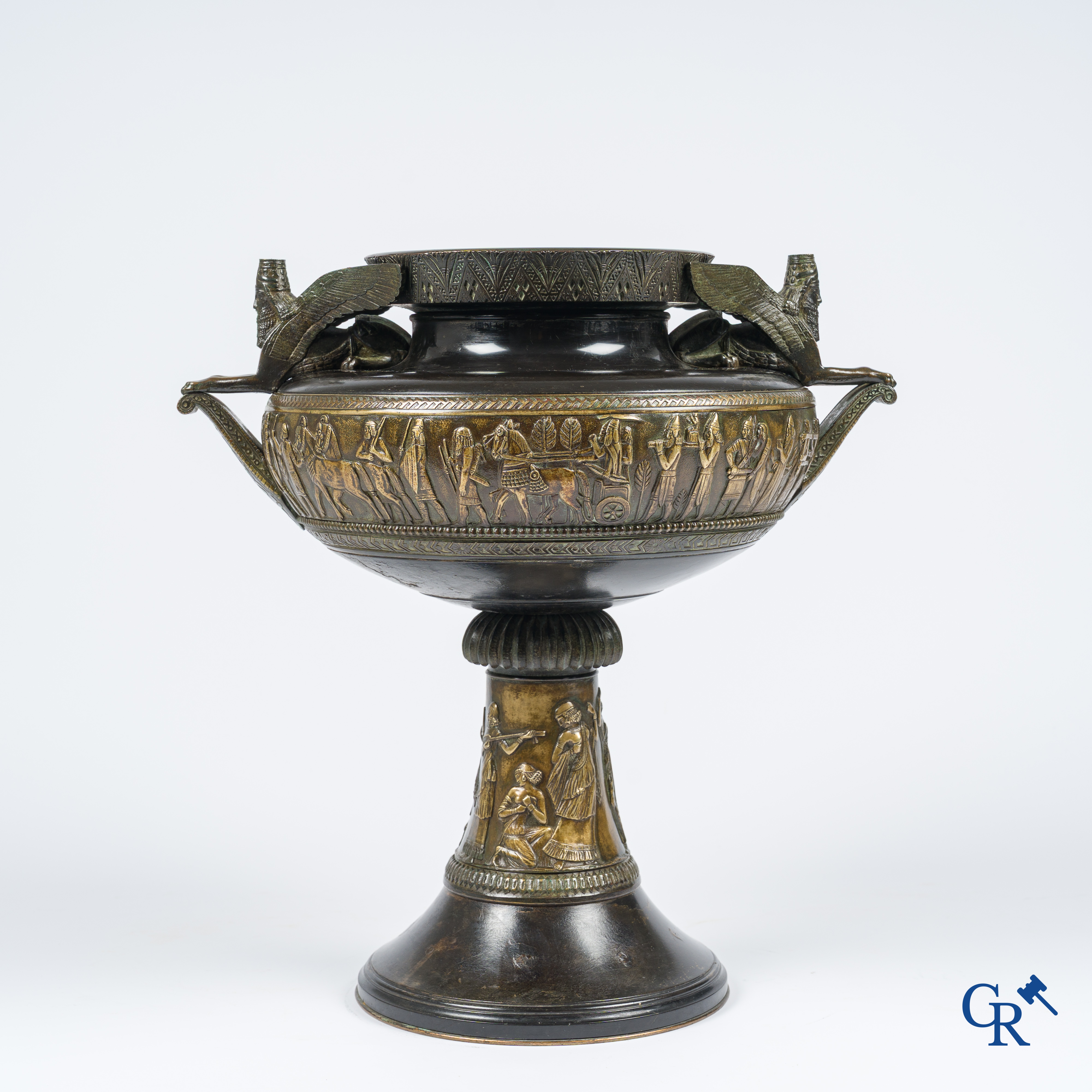 Charles Stanislas Matifat (1820-1875) Bronze Kylix-shaped vase with Lamassu handles. France circa 1860.
