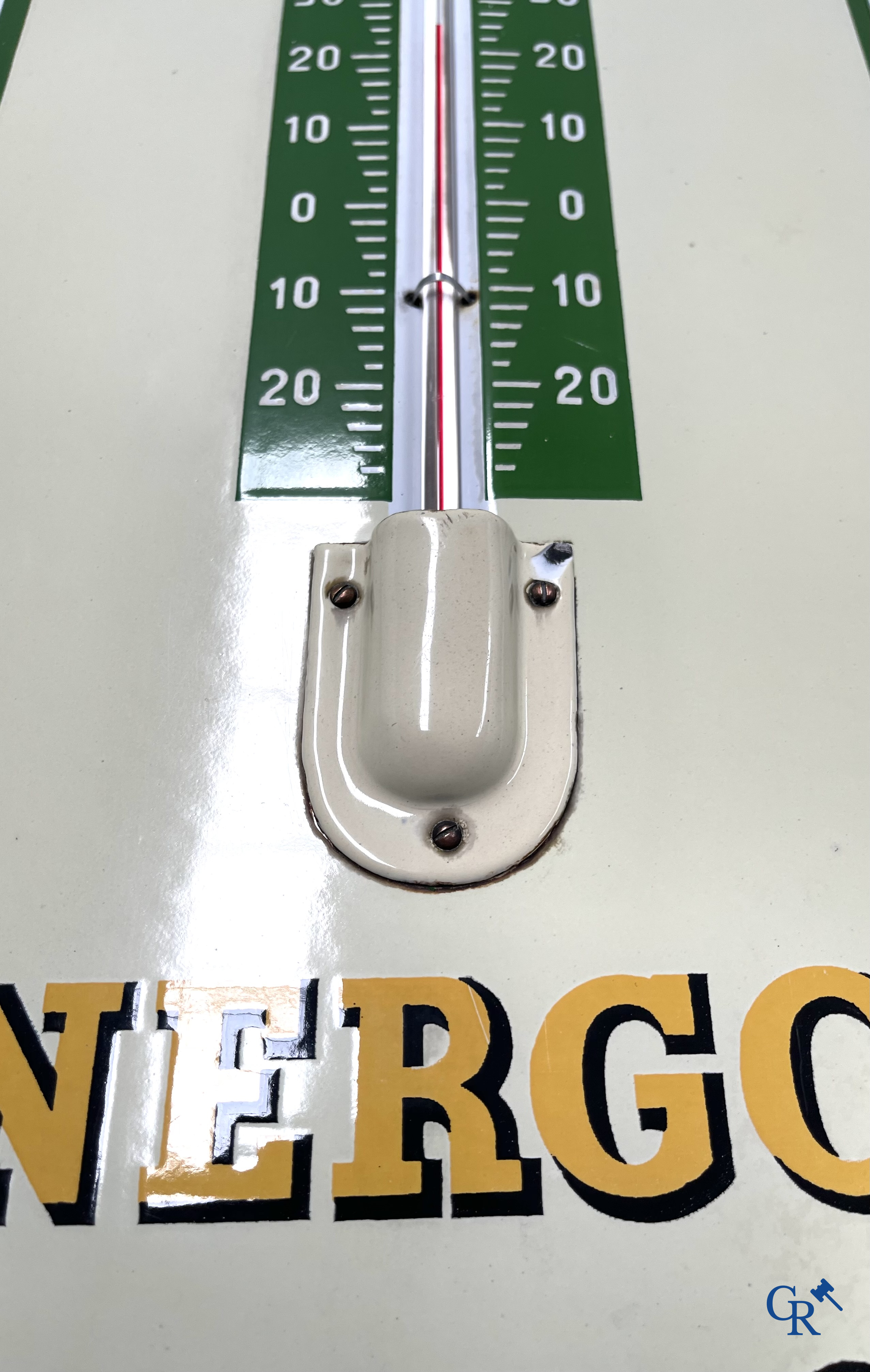 BP Motor Oil. An enamel advertising sign with integrated thermometer for BP motor oil. Emaillerie Belge. 1950's.