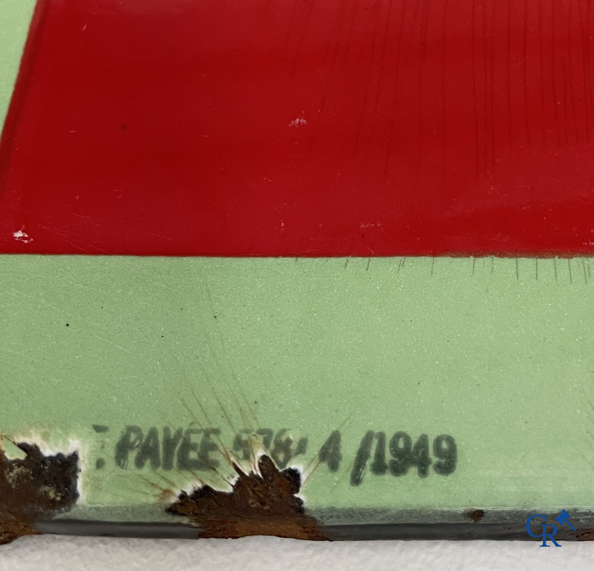 Englebert, Emaille reclamebord om de bandenspanning van Englebert banden op te geven. Foremail Bruxelles 1949.