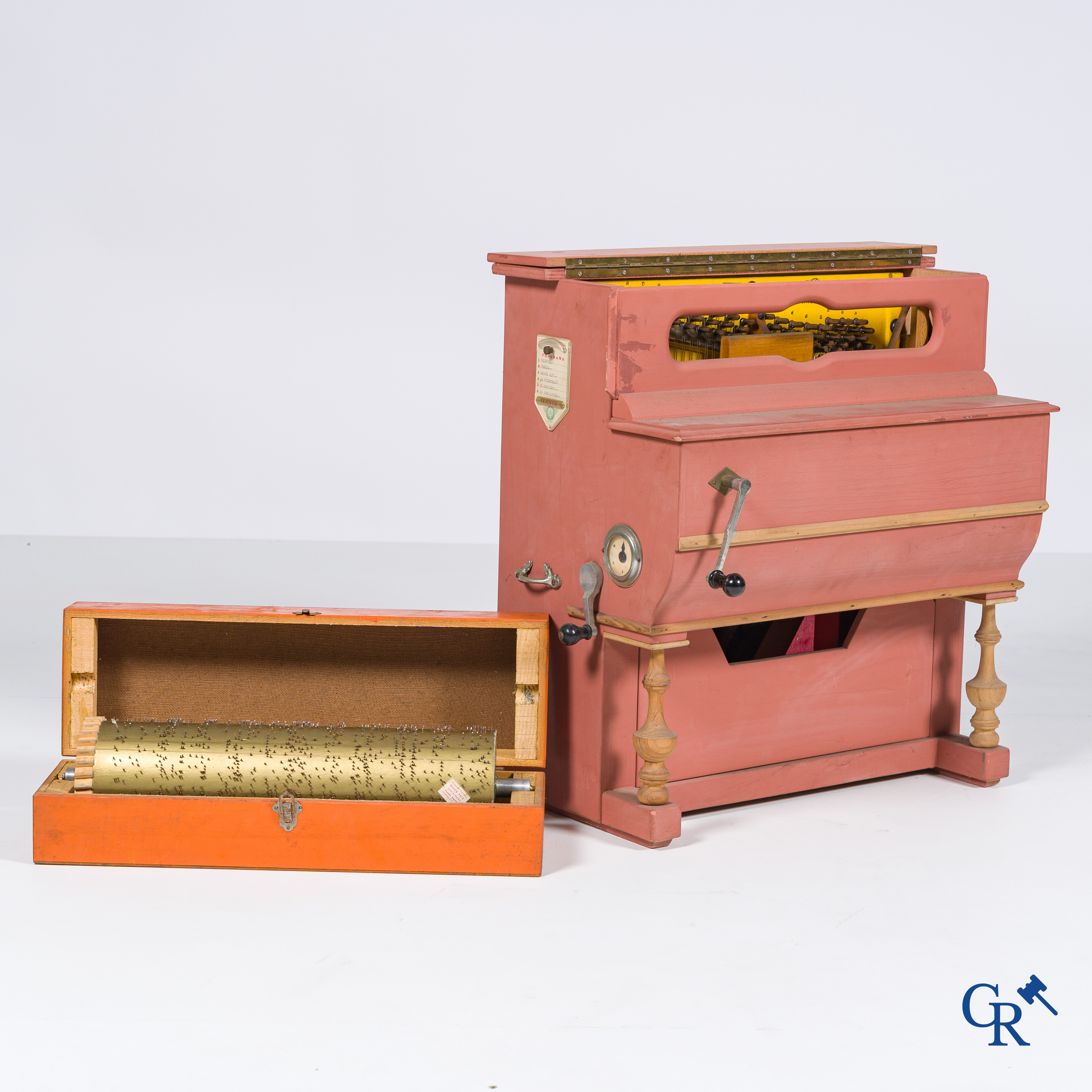 Musical instruments, a small barrel organ, Spanish made.