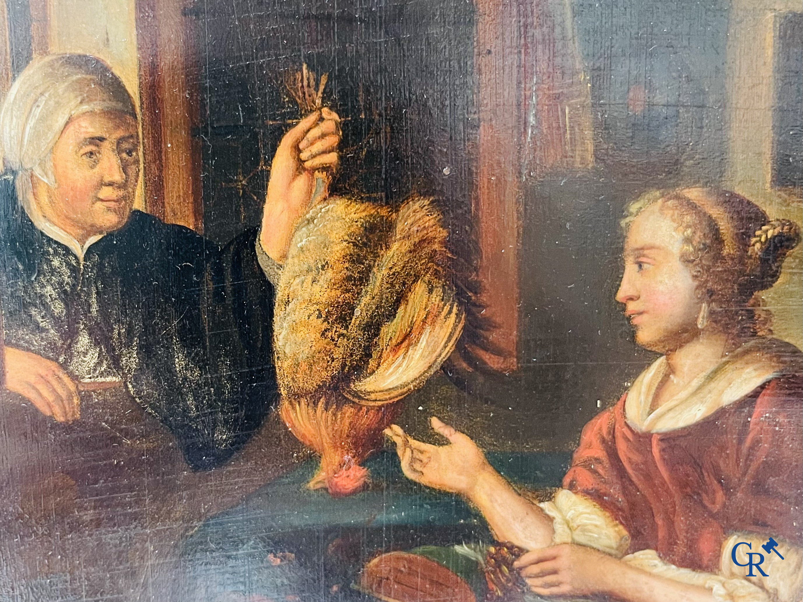 Flemish school, interior scene with chicken farmer, oil on metal.