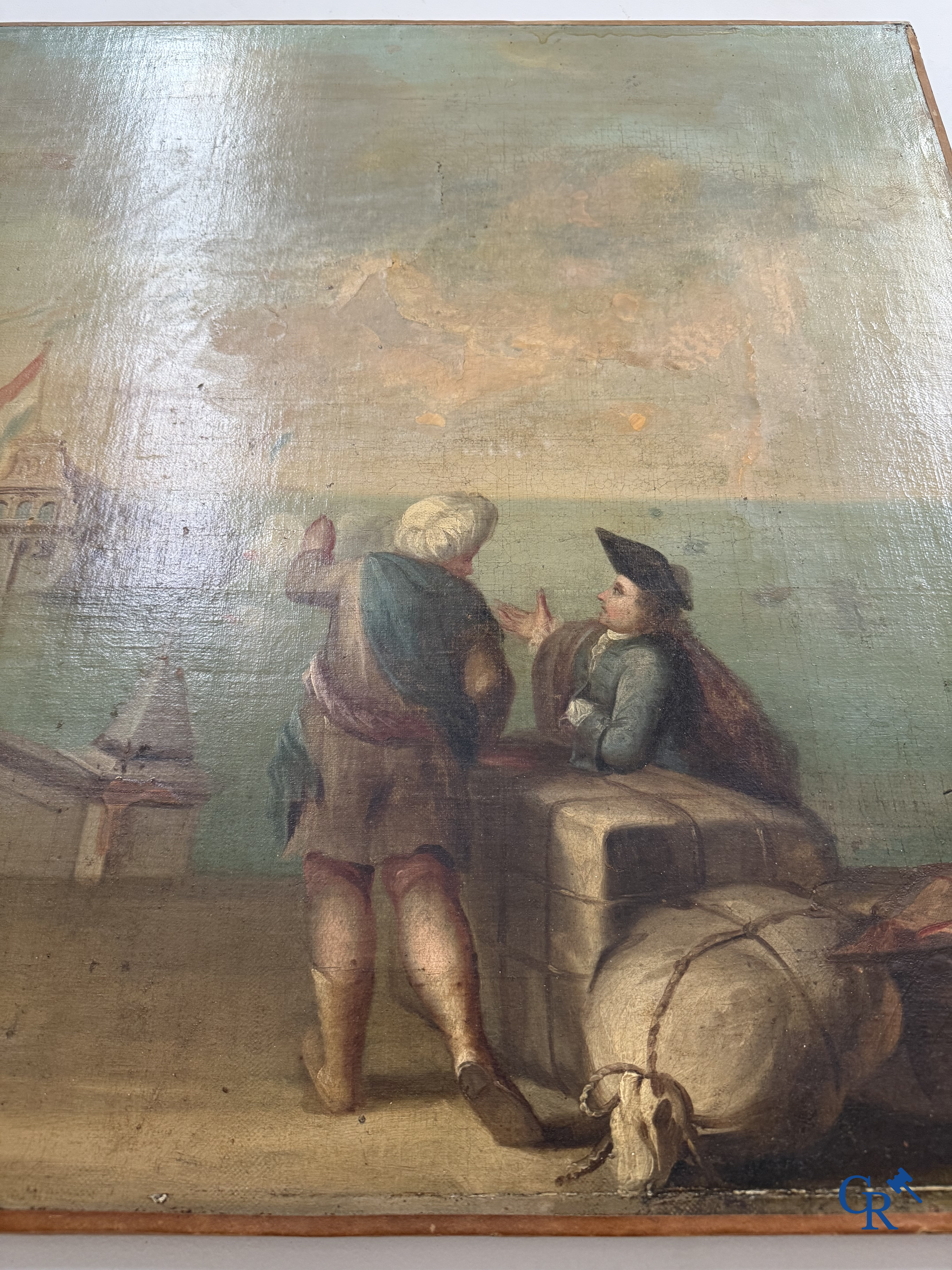 Painting. Harbour view with a Dutch flagship. Oil on canvas, 18th century.