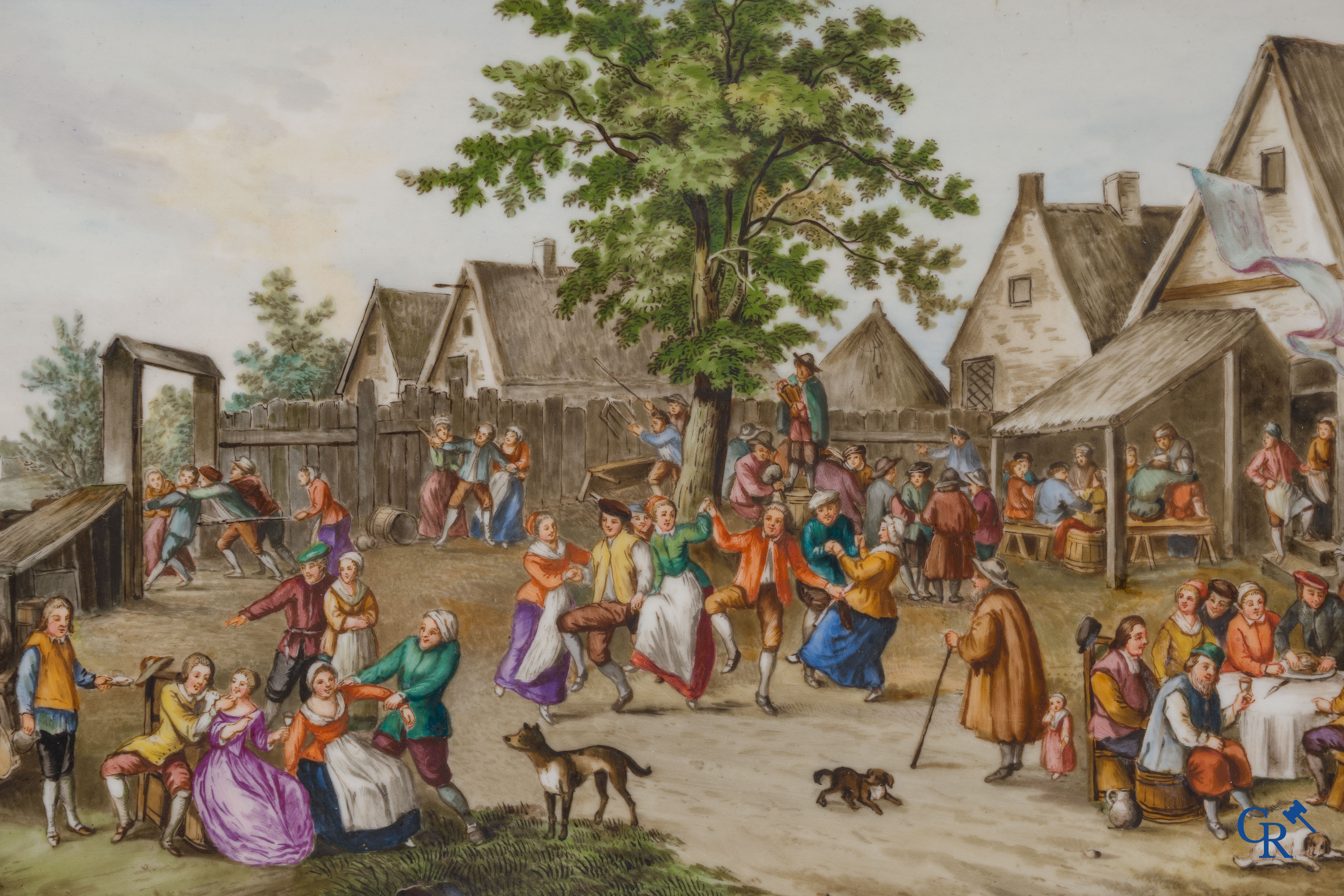 Teniers (after). A few paintings on porcelain with typical rural village scenes. Signed Teniers.