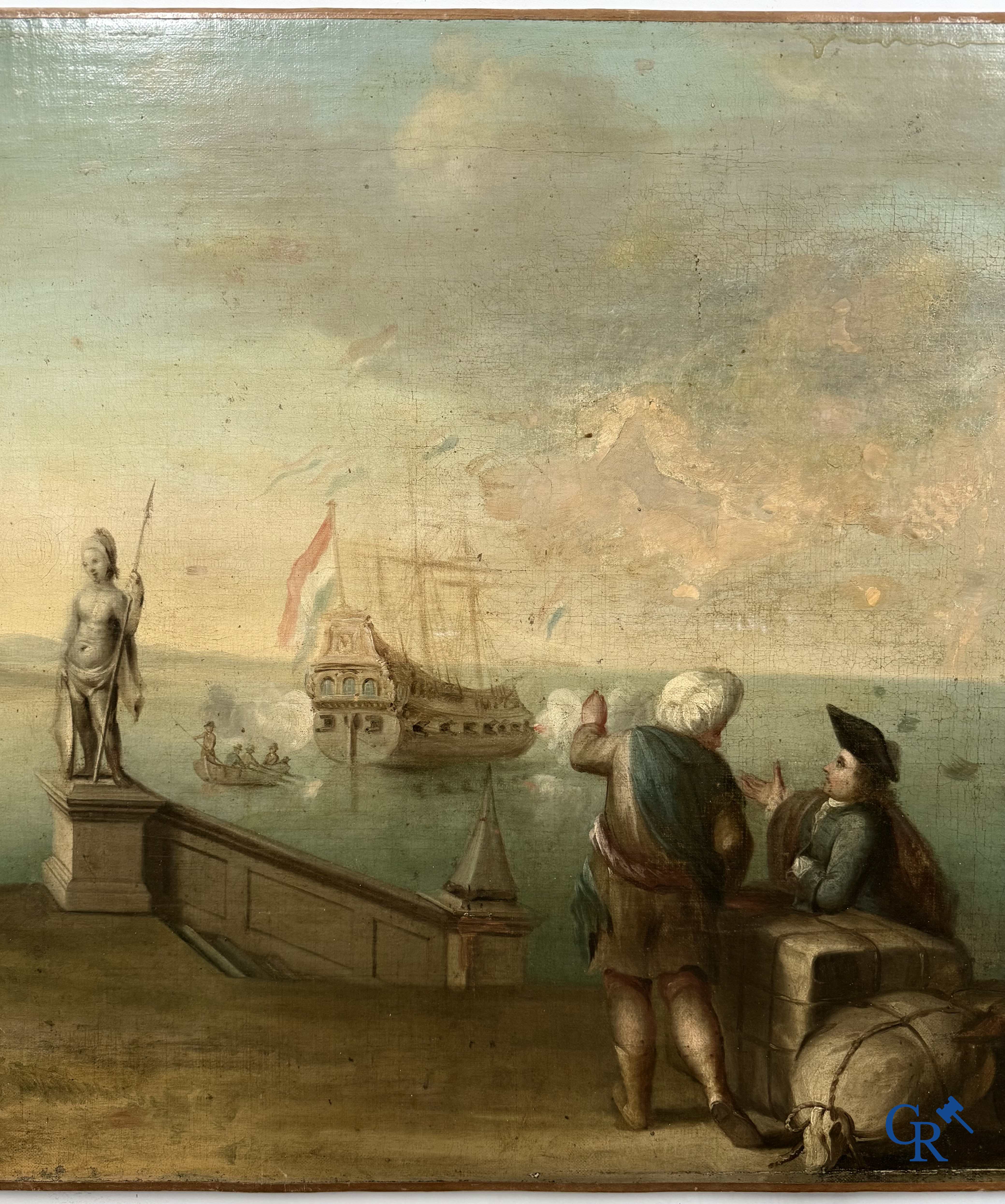 Painting. Harbour view with a Dutch flagship. Oil on canvas, 18th century.