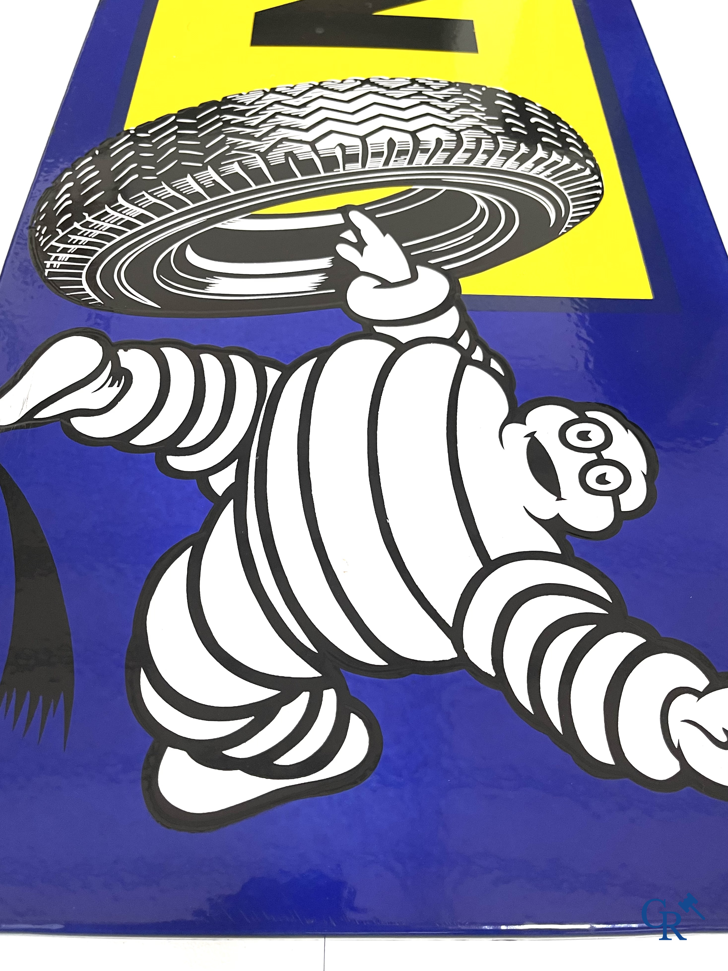 Michelin, large enamel advertising sign with yellow and blue background for Michelin tyres. Emaillerie Belge, 1958.