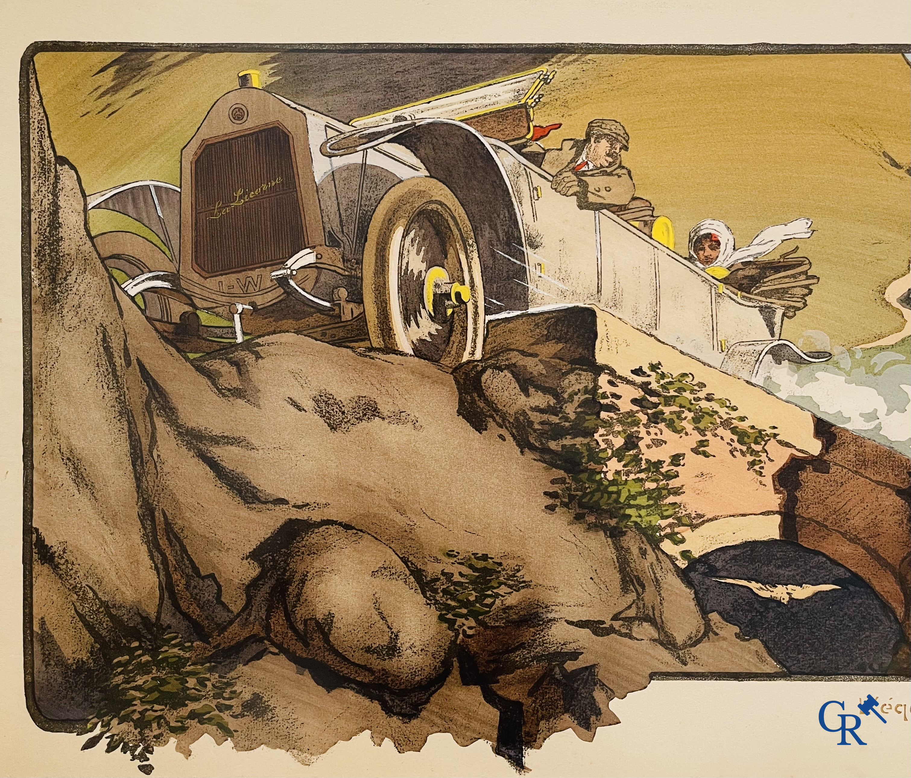 André Nevil, L'équipe "La Licorne" dans le Tour De France 1912. Colour lithography. Mabileau & Comp. Paris 1912.