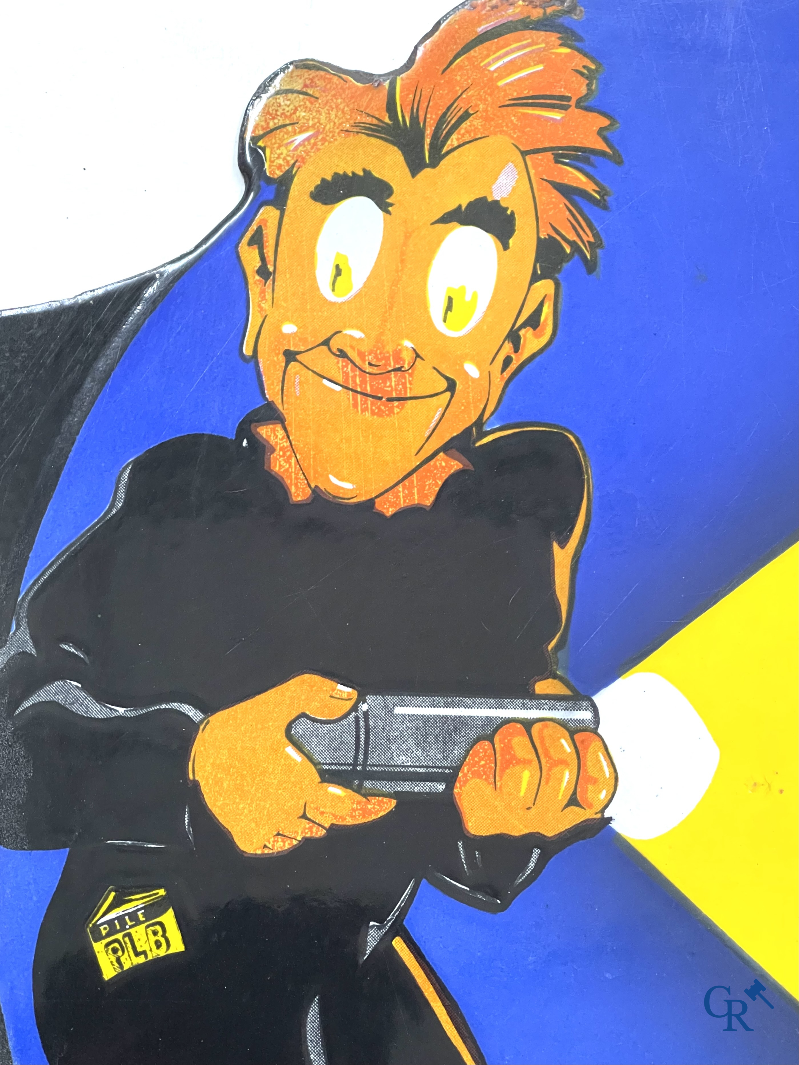 Pile PLB Vélos. Plaque émaillée publicitaire double face pour batteries de vélo PLB. Emailgraph. Bruxelles, 1940.