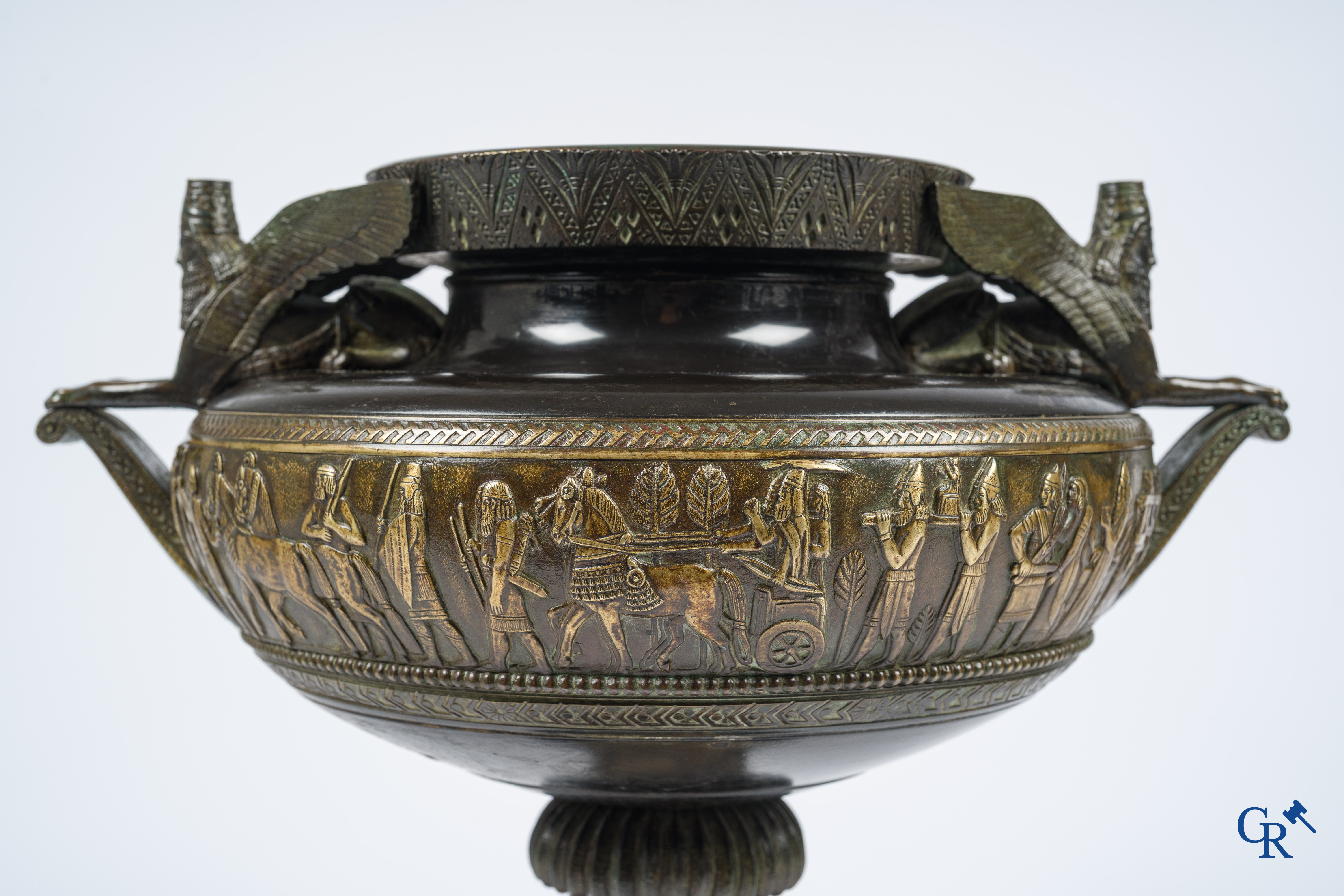 Charles Stanislas Matifat (1820-1875) Bronze Kylix-shaped vase with Lamassu handles. France circa 1860.