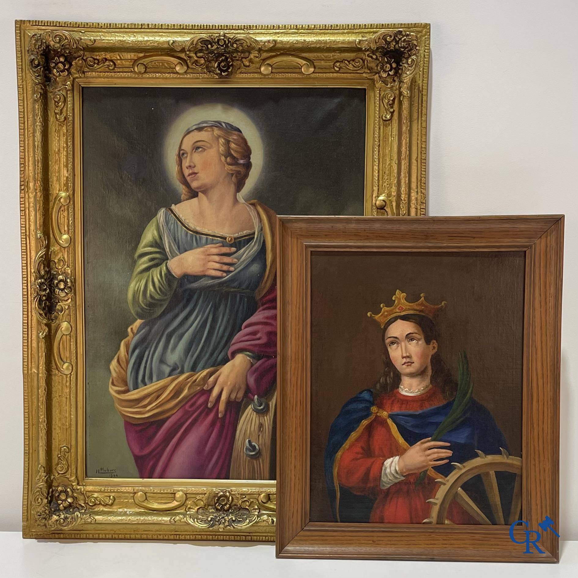 2 paintings, oil on canvas with images of St. Catharina. Circa 1940.