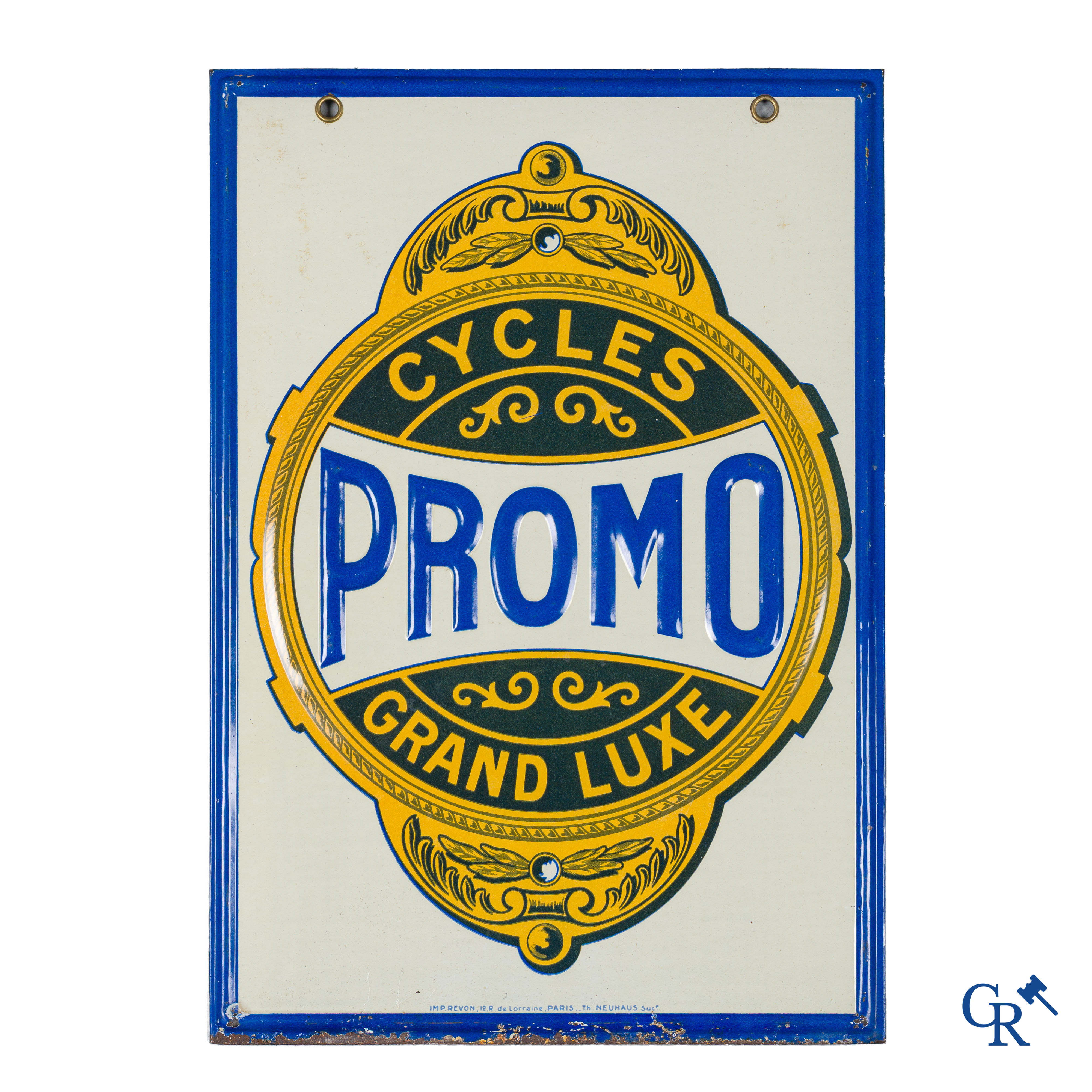 Cycles Promo, enseigne publicitaire double face pour les vélos de luxe Promo. Tôle peinte. Imp. Revon Paris.