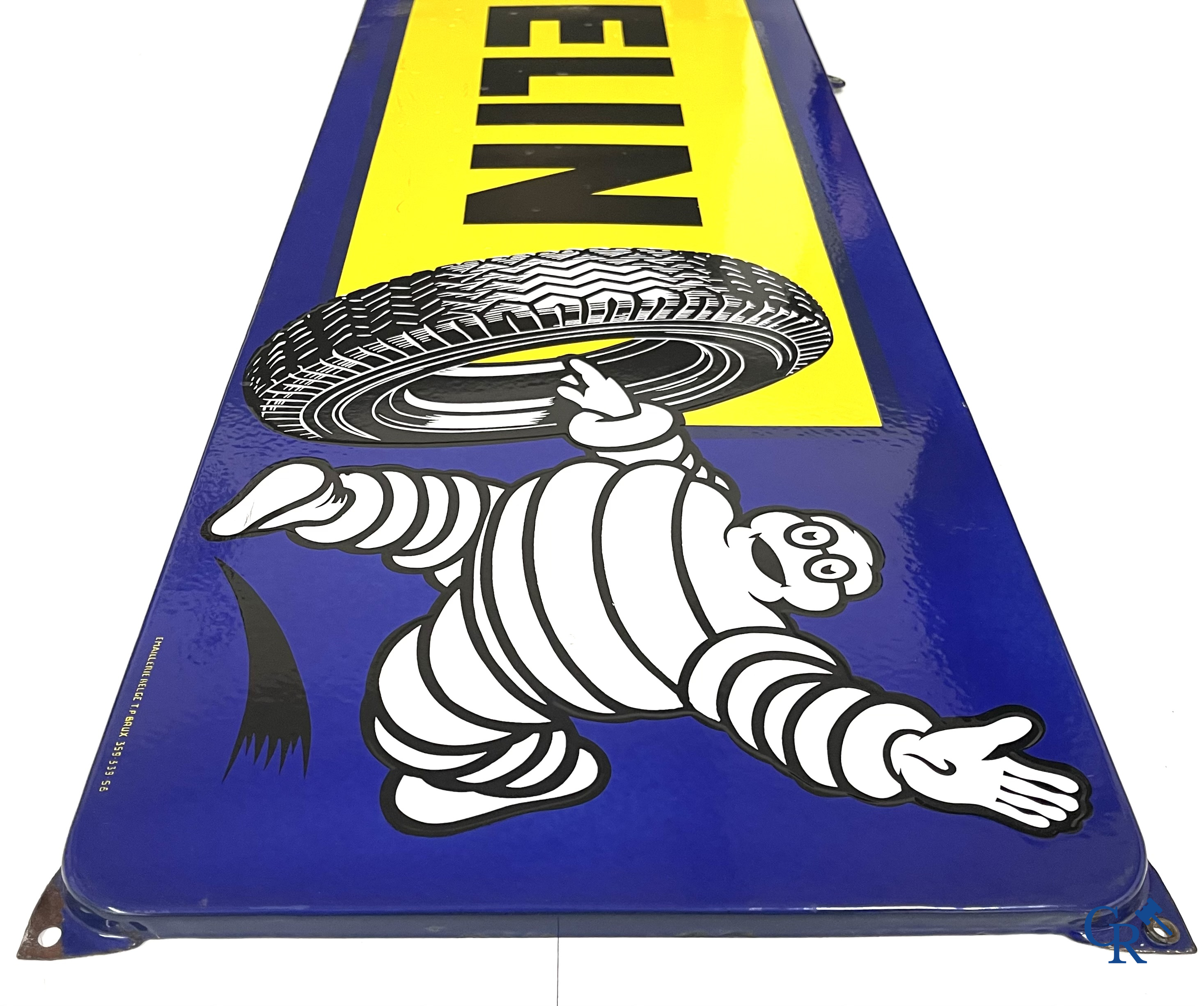 Michelin, large enamel advertising sign with yellow and blue background for Michelin tyres. Emaillerie Belge, 1958.