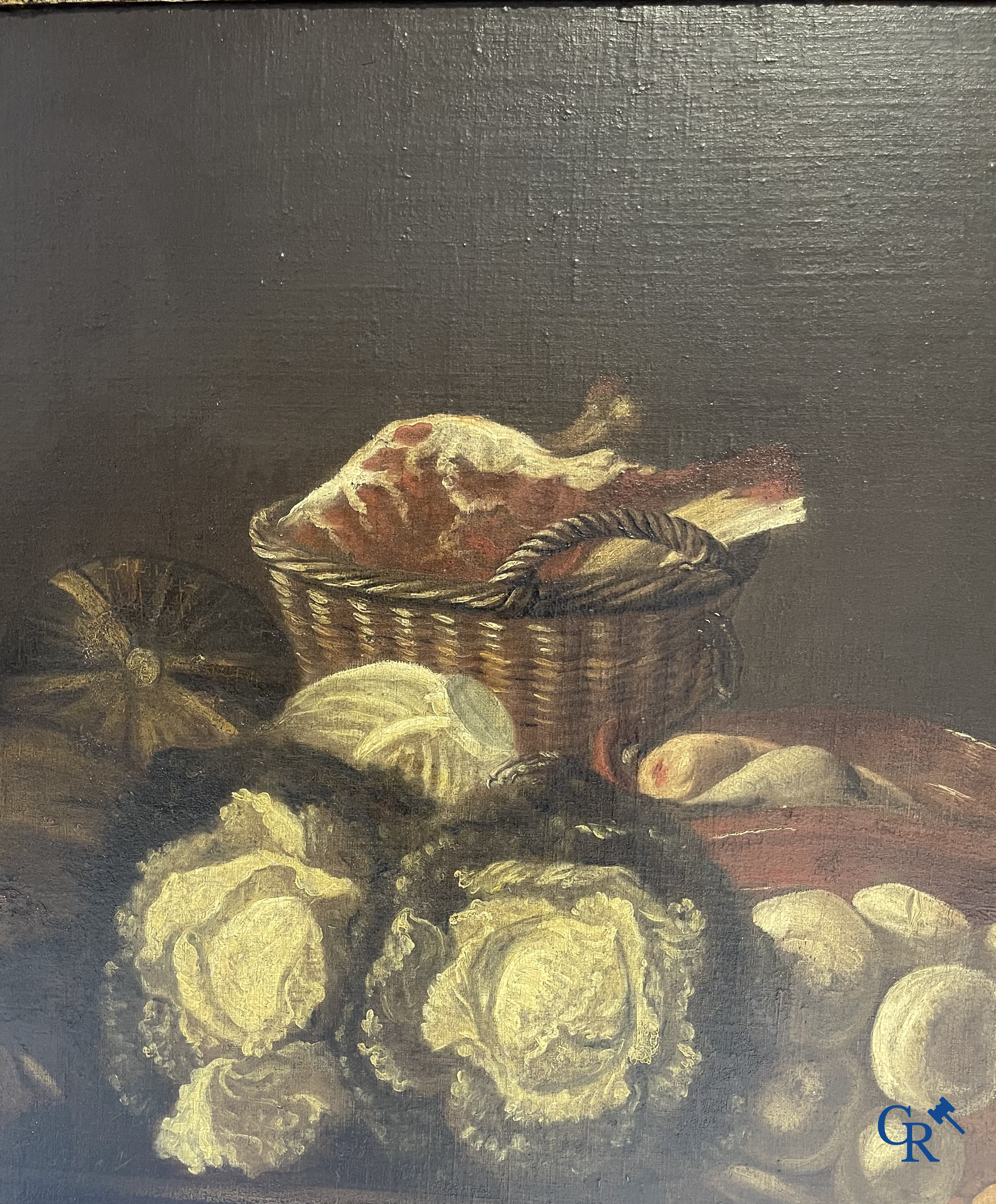 Schilderij, olie op doek. Stilleven met groenten, vlees en gevogelte. 18e eeuw.