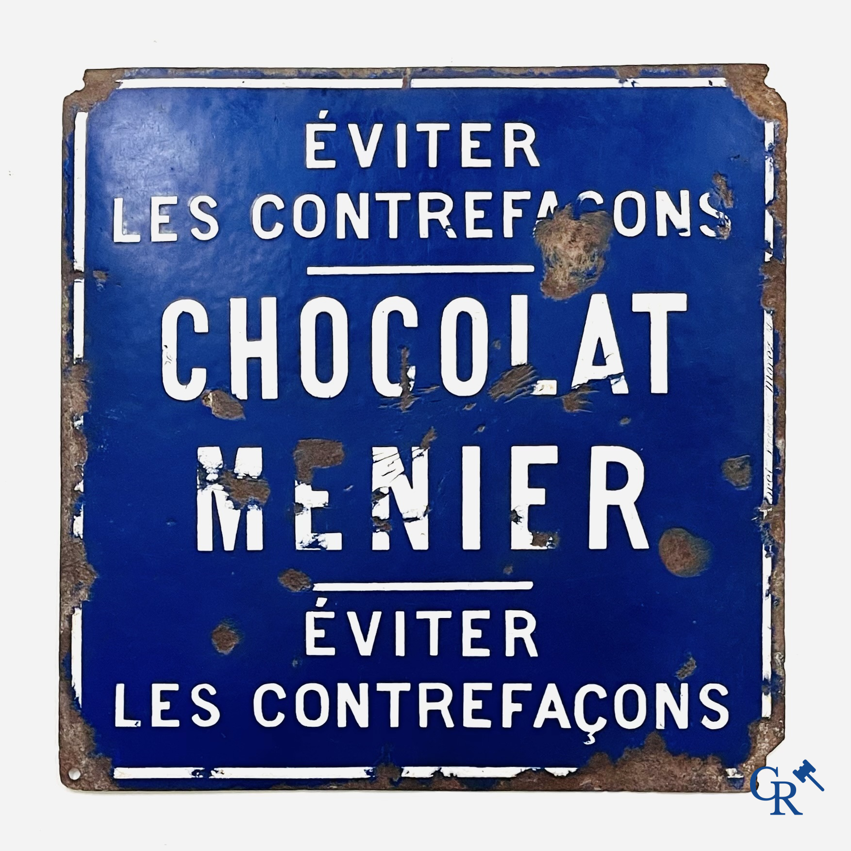Chocolat Menier, Early edition of an enamel advertising sign for Menier. Morel frères à Morez, Jura. Circa 1890.
