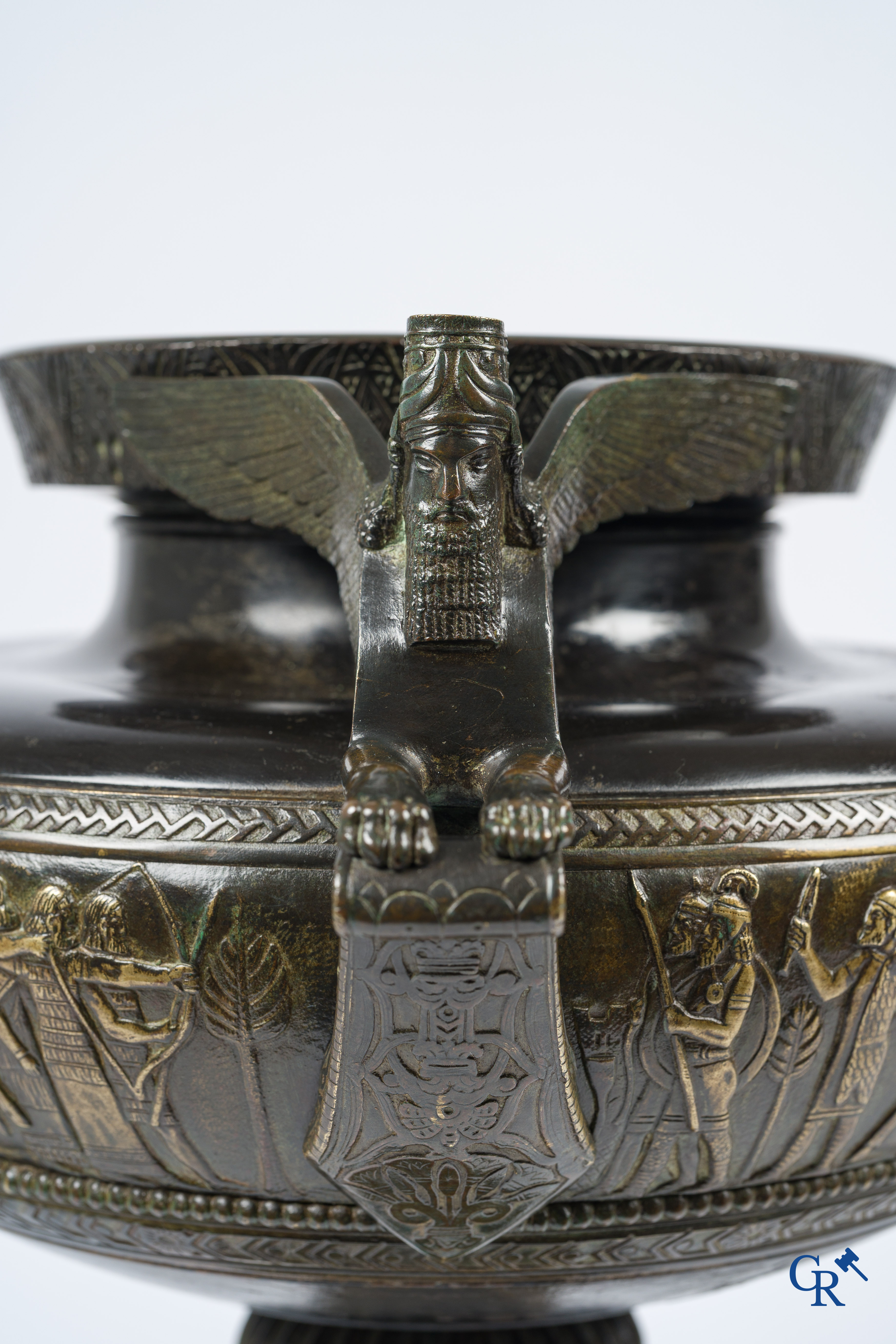 Charles Stanislas Matifat (1820-1875) Bronze Kylix-shaped vase with Lamassu handles. France circa 1860.