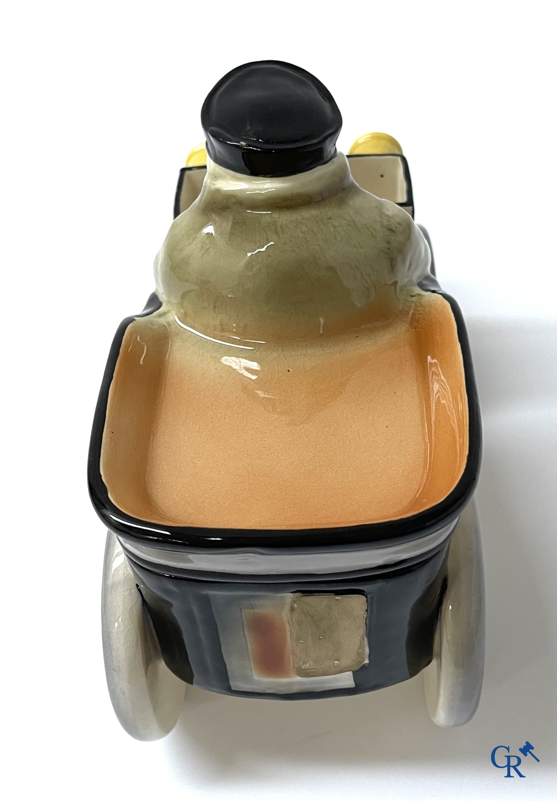 Faïencerie Fives Lille. L'Automobiliste, a large tobacco jar in the shape of a vintage car with a driver. Around 1910.