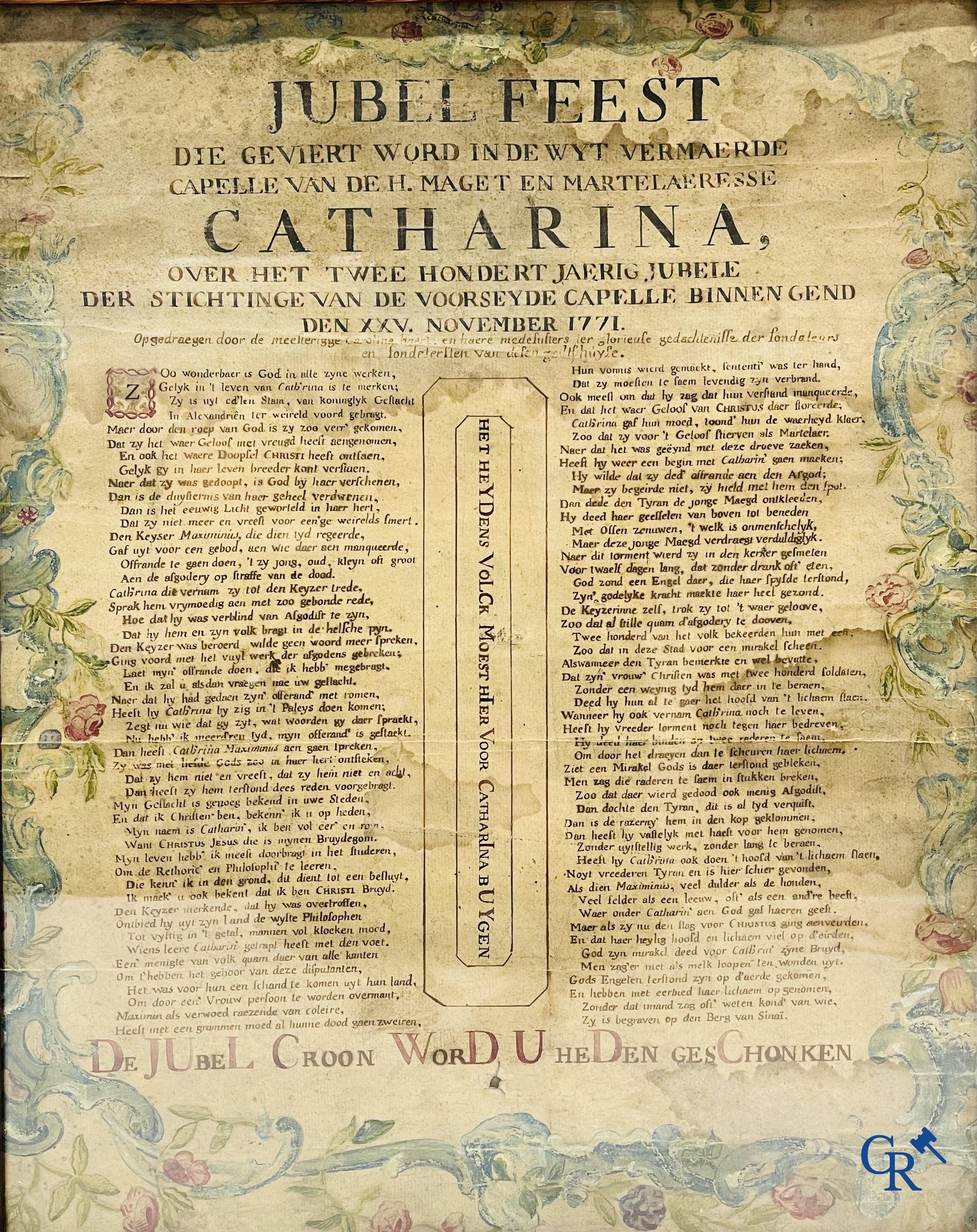 Une annonce manuscrite et colorée pour la fête du jubilé dans la chapelle Catharina le XXV novembre 1771.