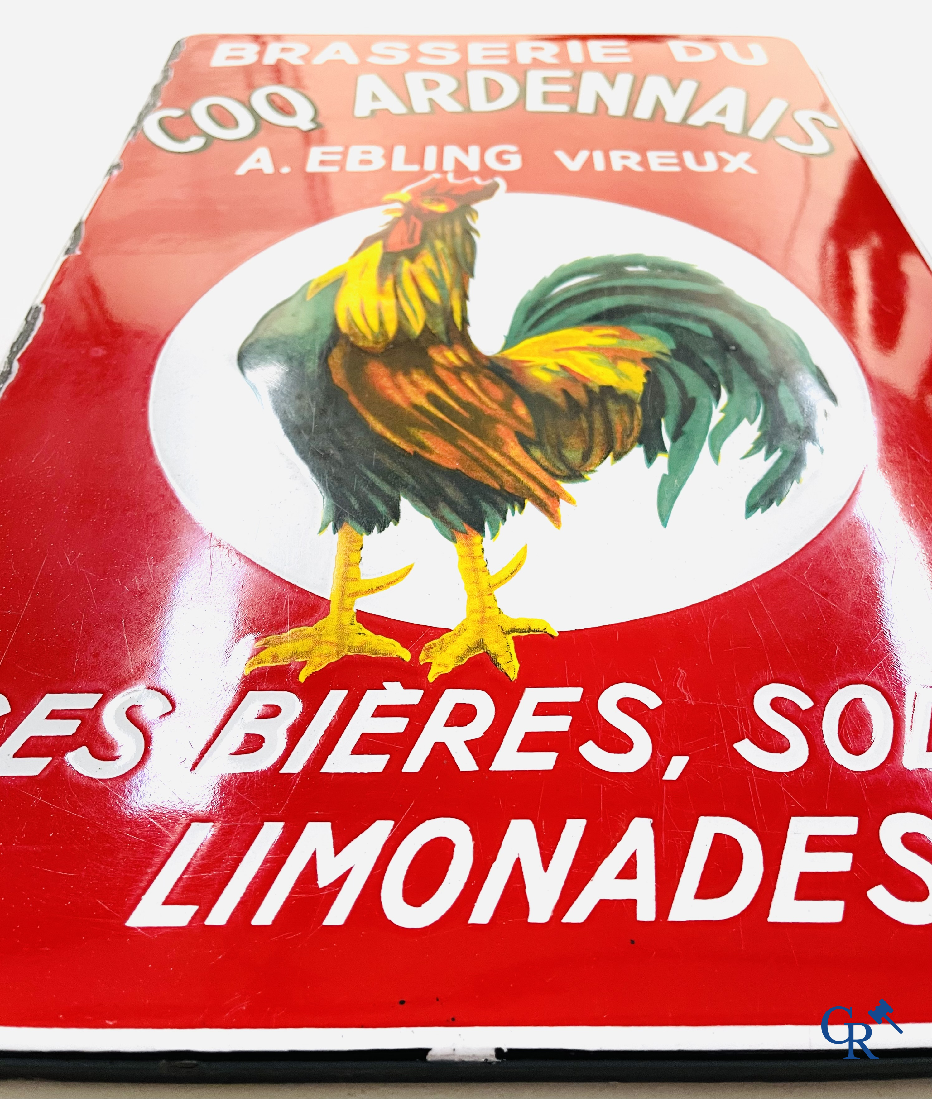 Brasserie du Coq Ardennais, Plaque émaillée publicitaire pour bières, sodas et limonades de la brasserie Ebling à Vireux.