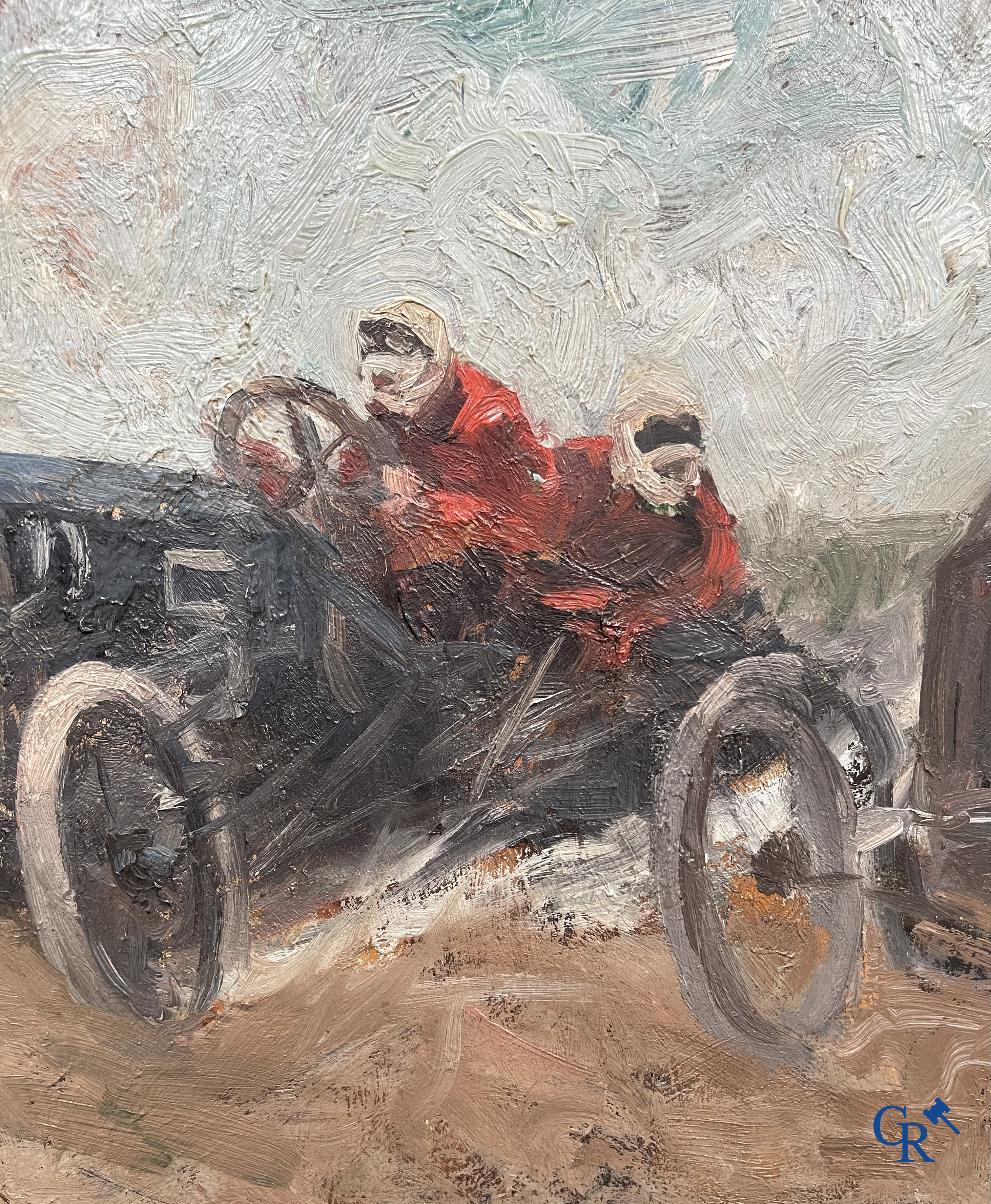 "The Duel" Oil on canvas. 2 sports cars racing side by side. Marked on the back Steph. Shoenfeld Düsseldorf. Circa 1925.