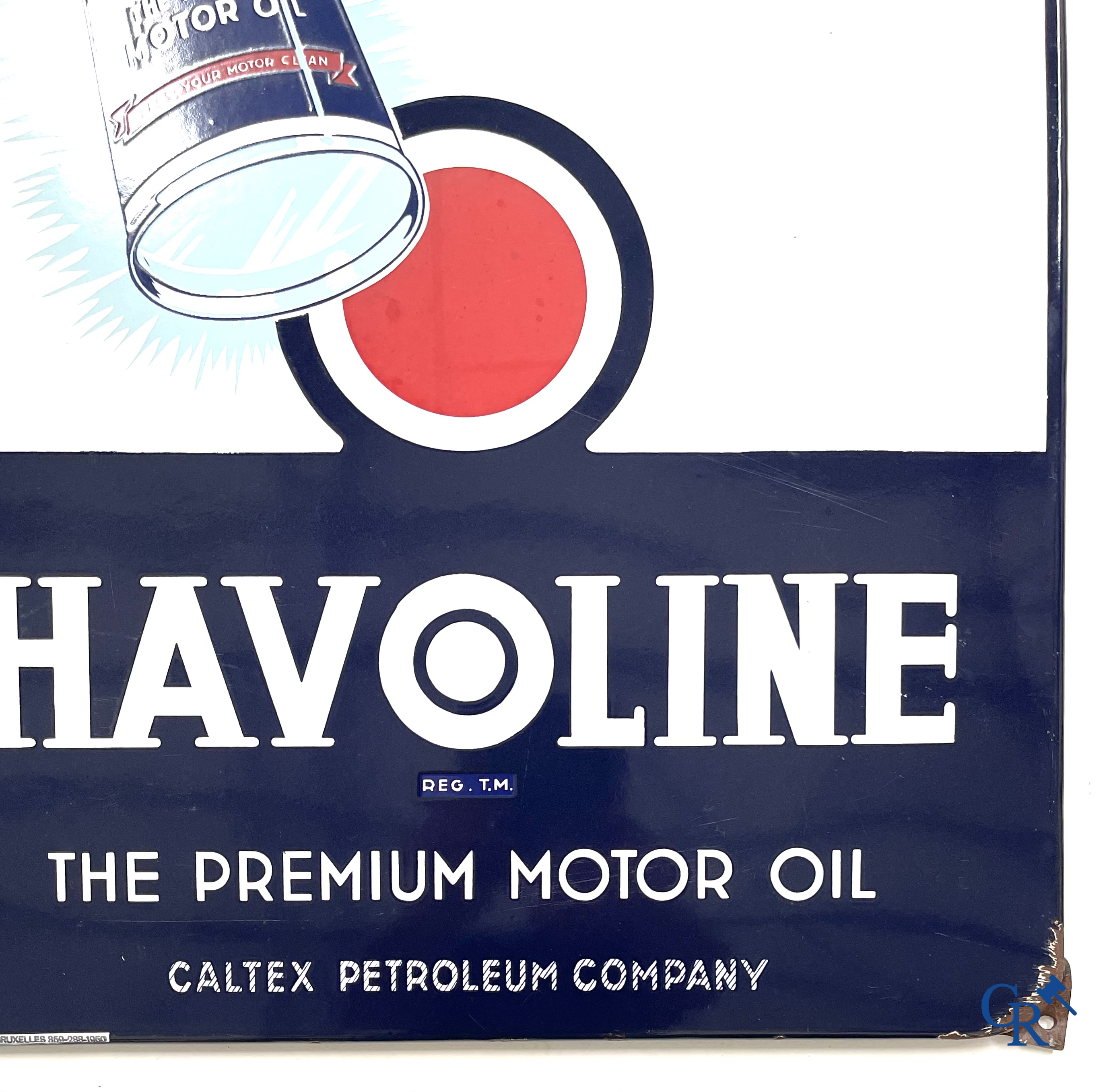 Havoline, enamel advertising sign for motor oil Havoline from the Caltex Petroleum Company. T.P. Bruxelles 1950.
