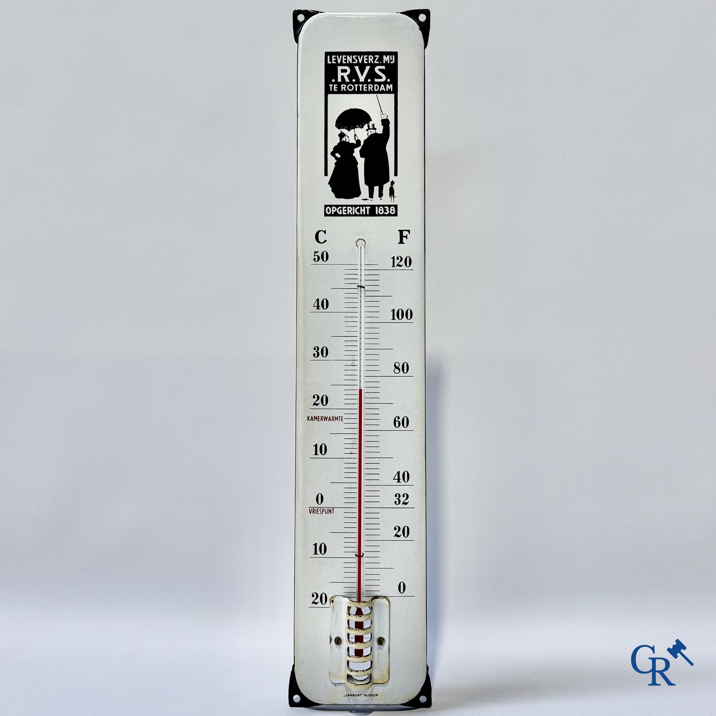 RVS, enamel advertising thermometer for the Rotterdam Insurance Company. Emaillerie Langcat Bussum.