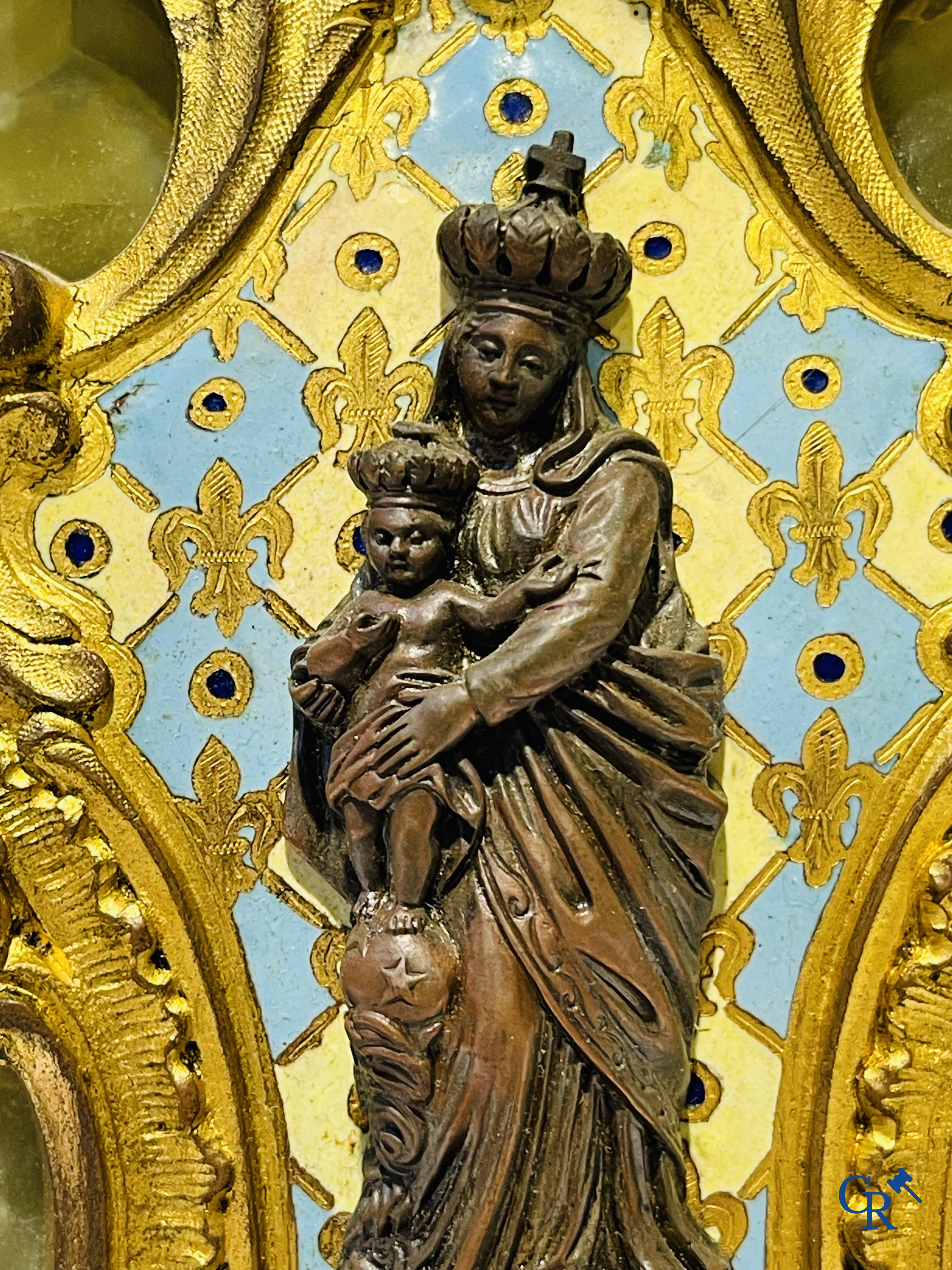 Religious objects, 2 holy water vessels in bronze and cloisonné and an alabaster statue of the sacred heart. 19th century.