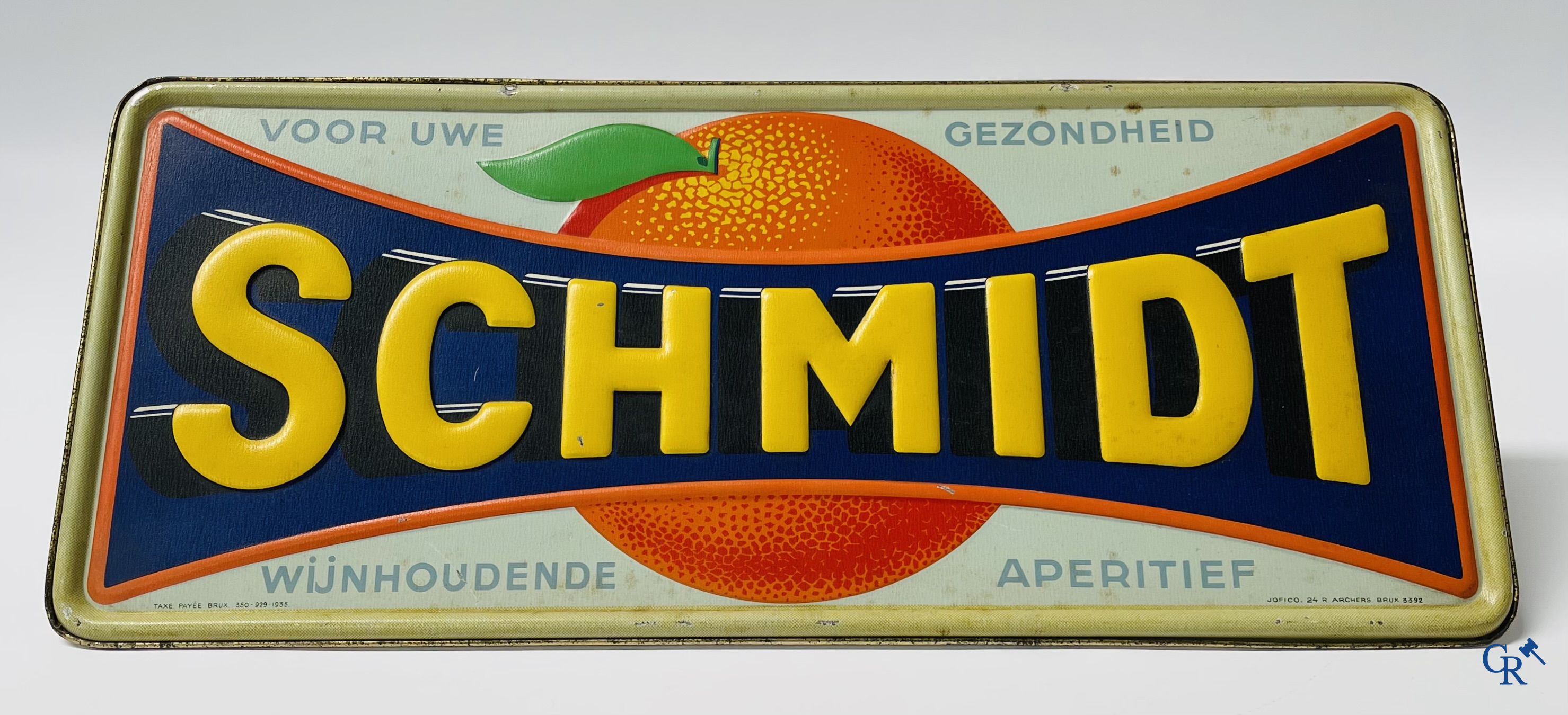 Schmidt, wijnhoudende aperitief. "For your health" Publicity sign in painted metal. Jofico, Bruxelles 1935.